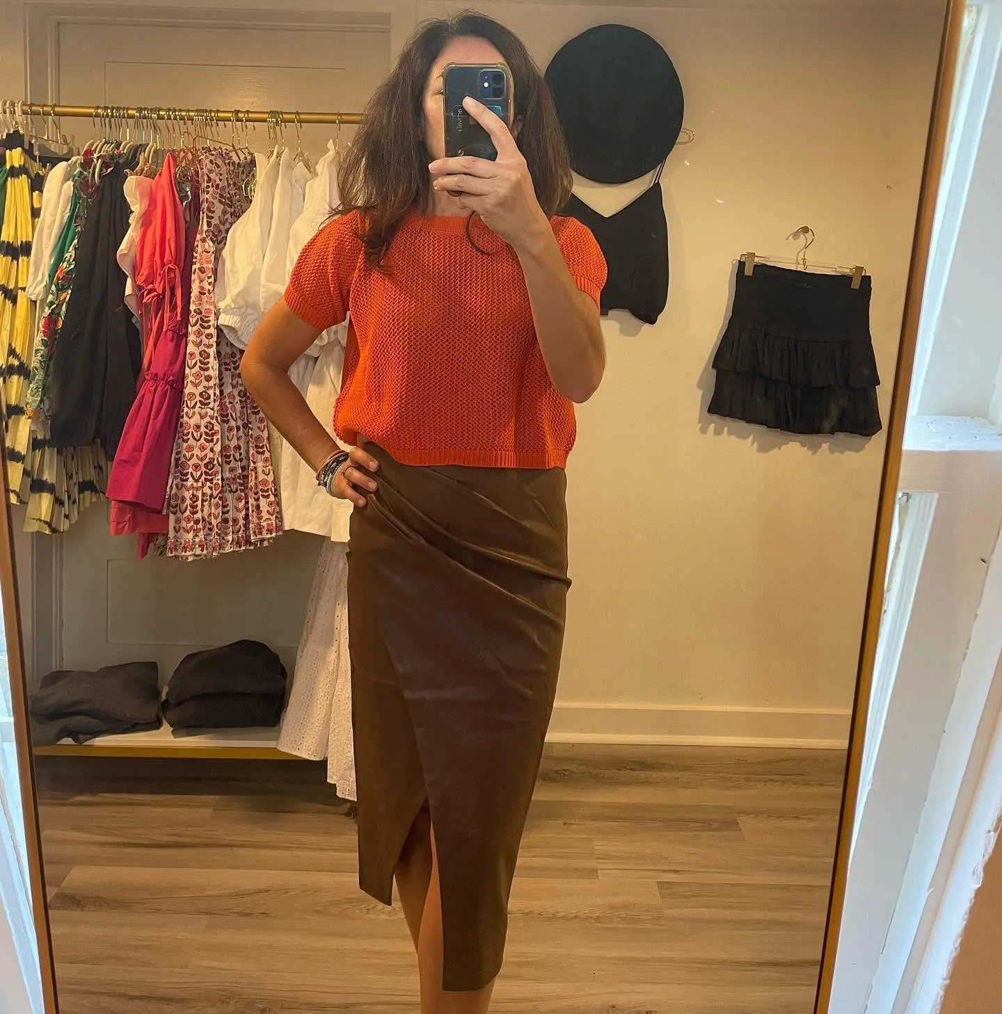 Brown Faux Leather Midi Skirt