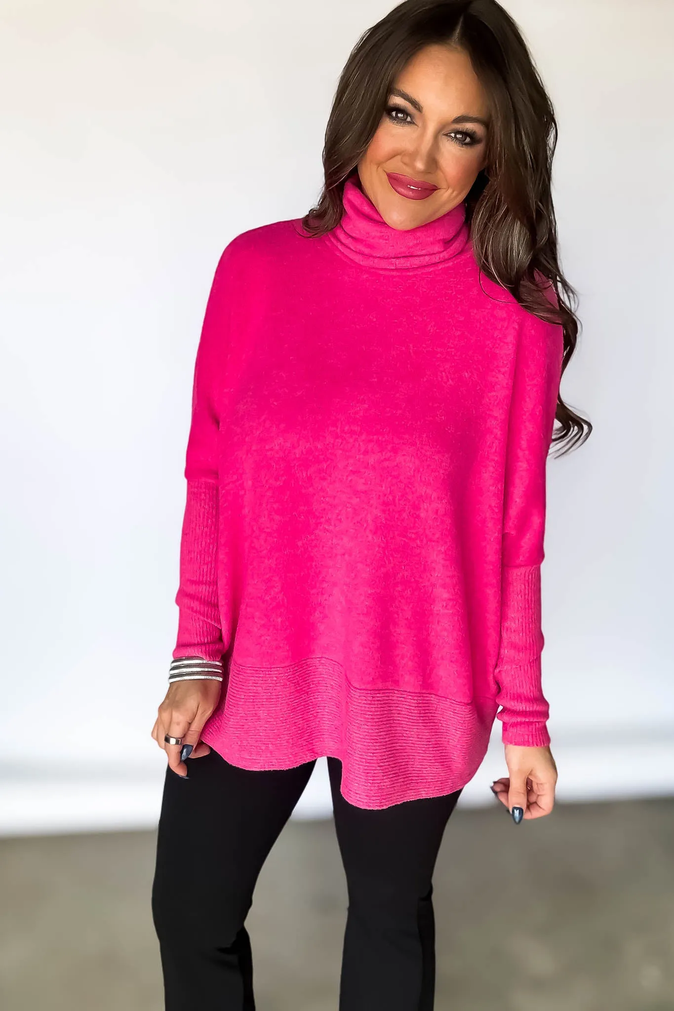 Brushed Fuchsia Melange Hacci Turtleneck Sweater