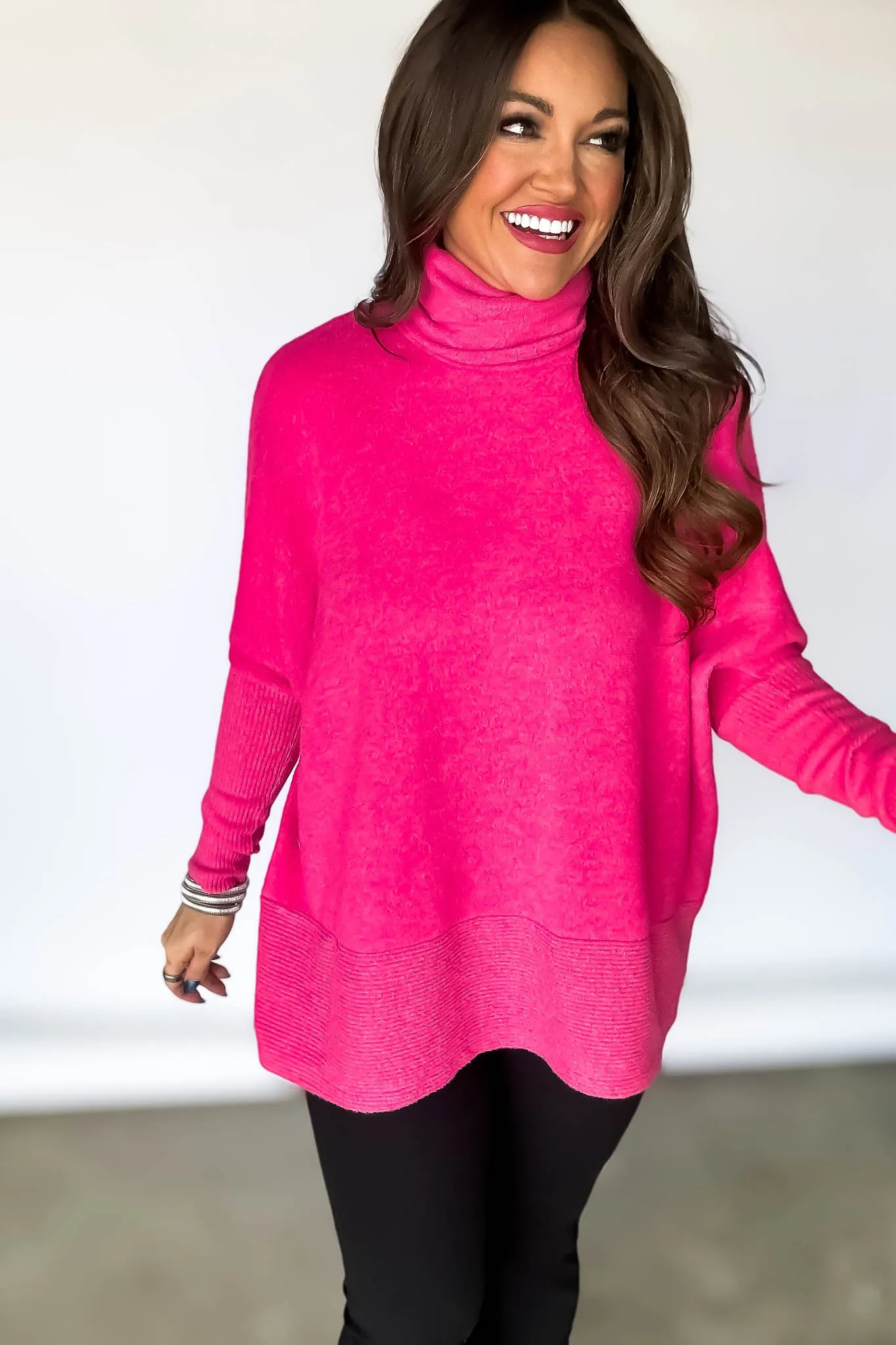 Brushed Fuchsia Melange Hacci Turtleneck Sweater