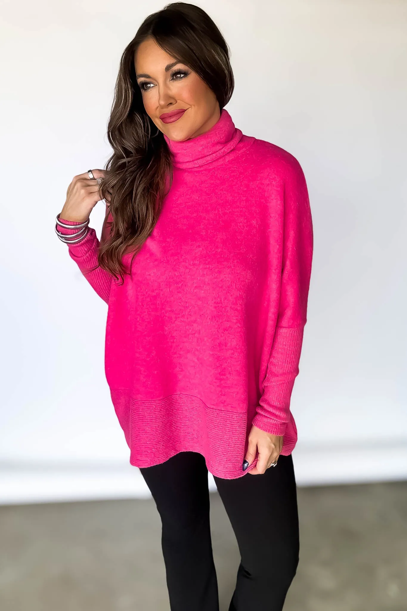 Brushed Fuchsia Melange Hacci Turtleneck Sweater