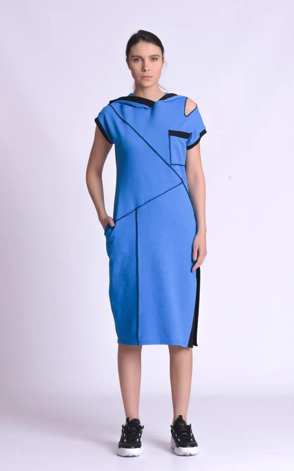 Casual Hooded Knee Length Blue Dress