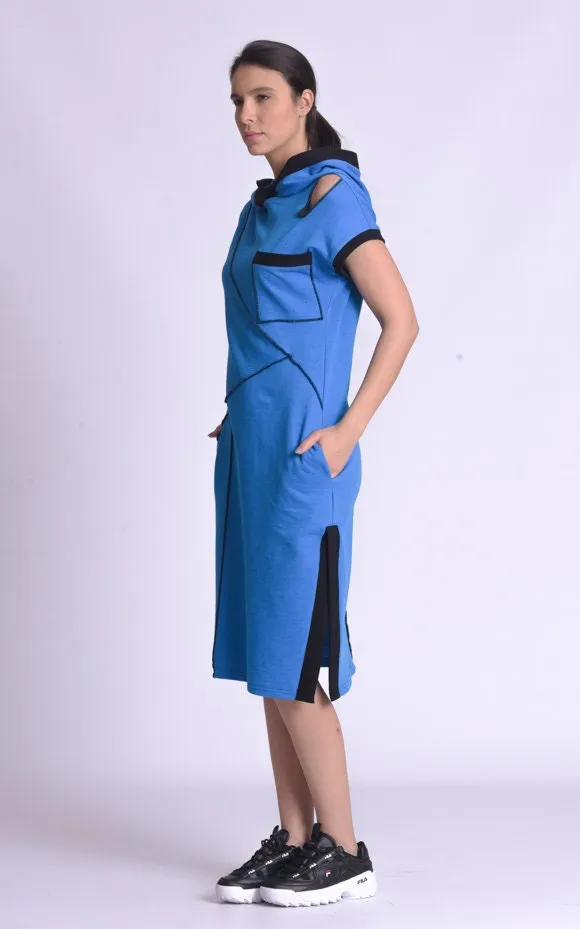 Casual Hooded Knee Length Blue Dress