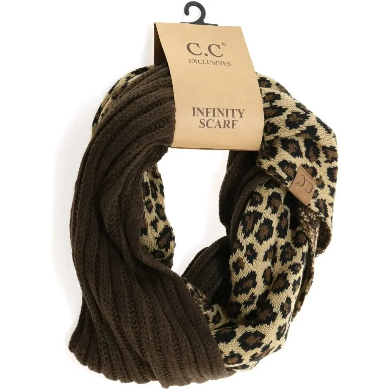 CC Beanie Ribbed Knit Leopard Print Infinity Scarf