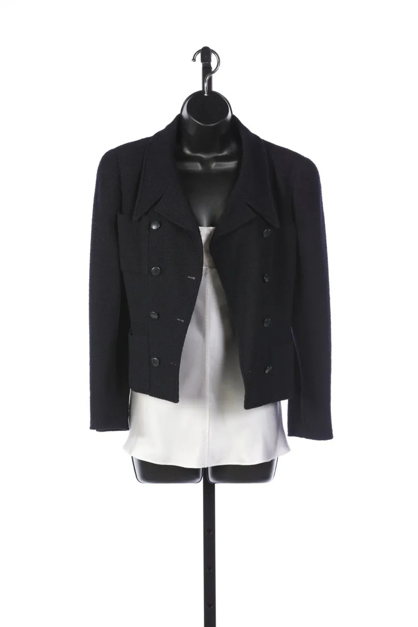 Chanel Navy Wool Cropped Jacket w Gold Chain