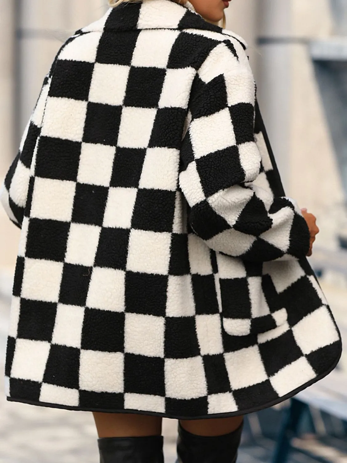 Checkered Button Front Coat with Pockets