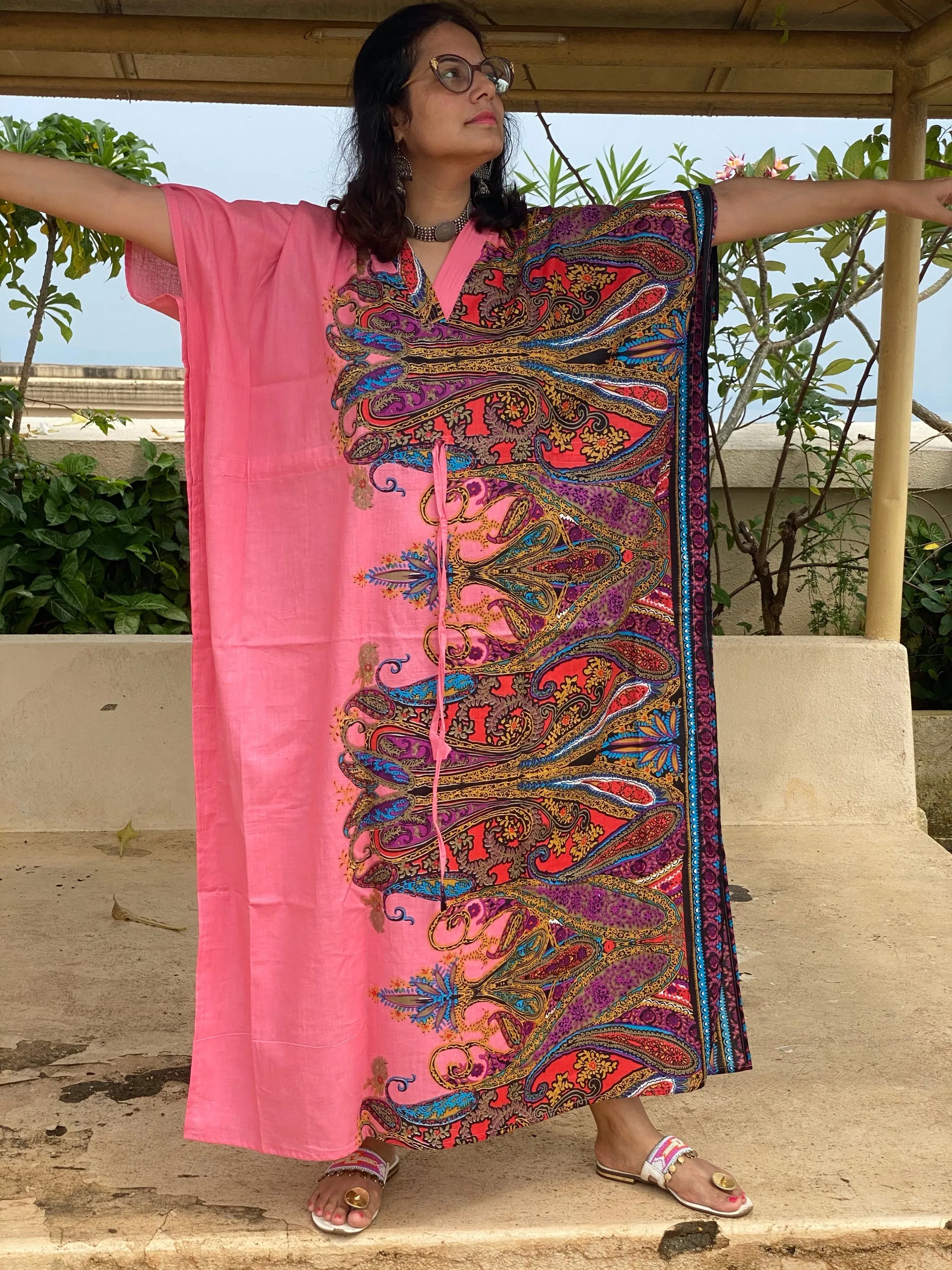 Cheerful Paisleys V-Neck, Cinched Waist Ankle Length Caftan