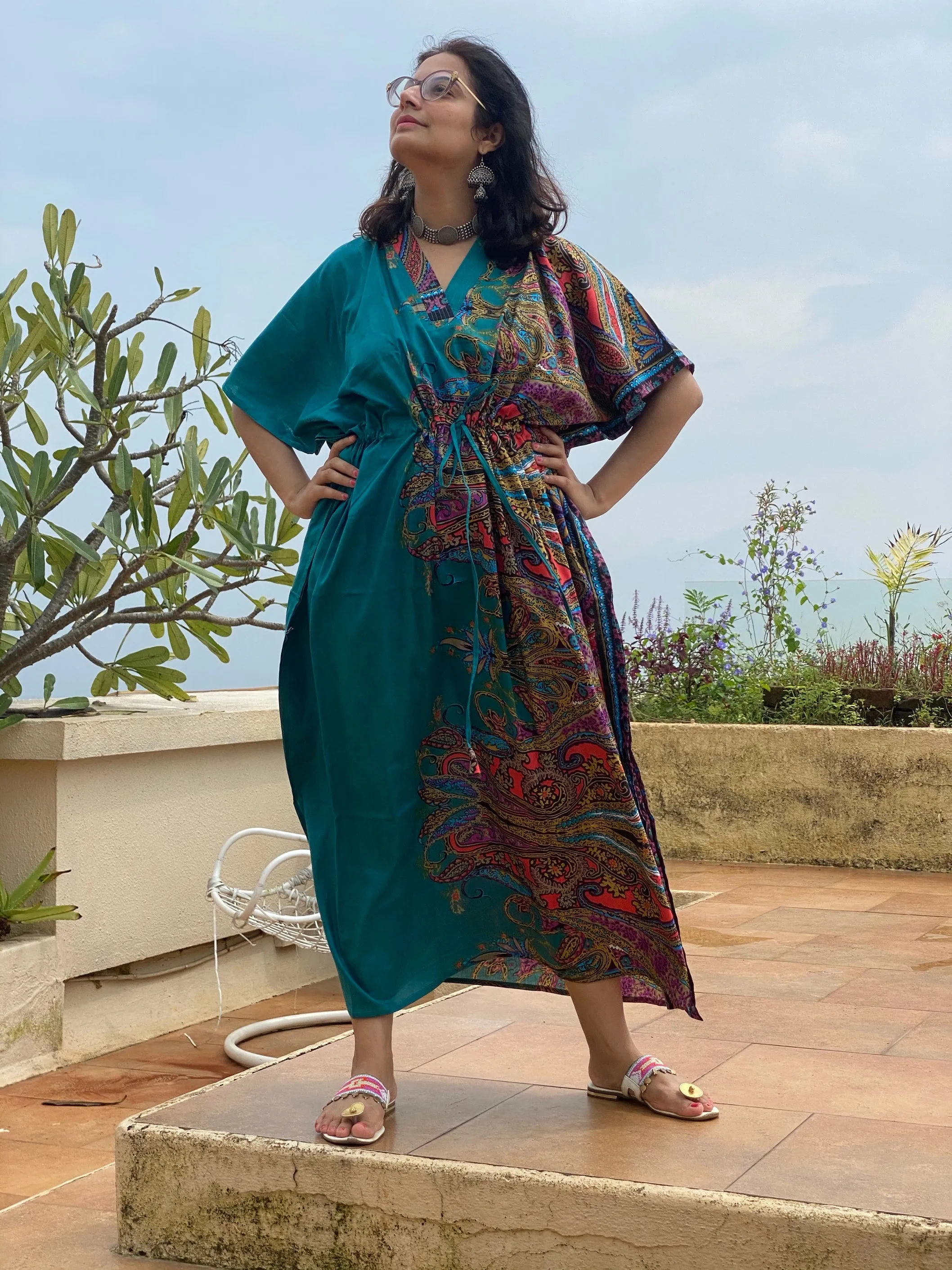 Cheerful Paisleys V-Neck, Cinched Waist Ankle Length Caftan