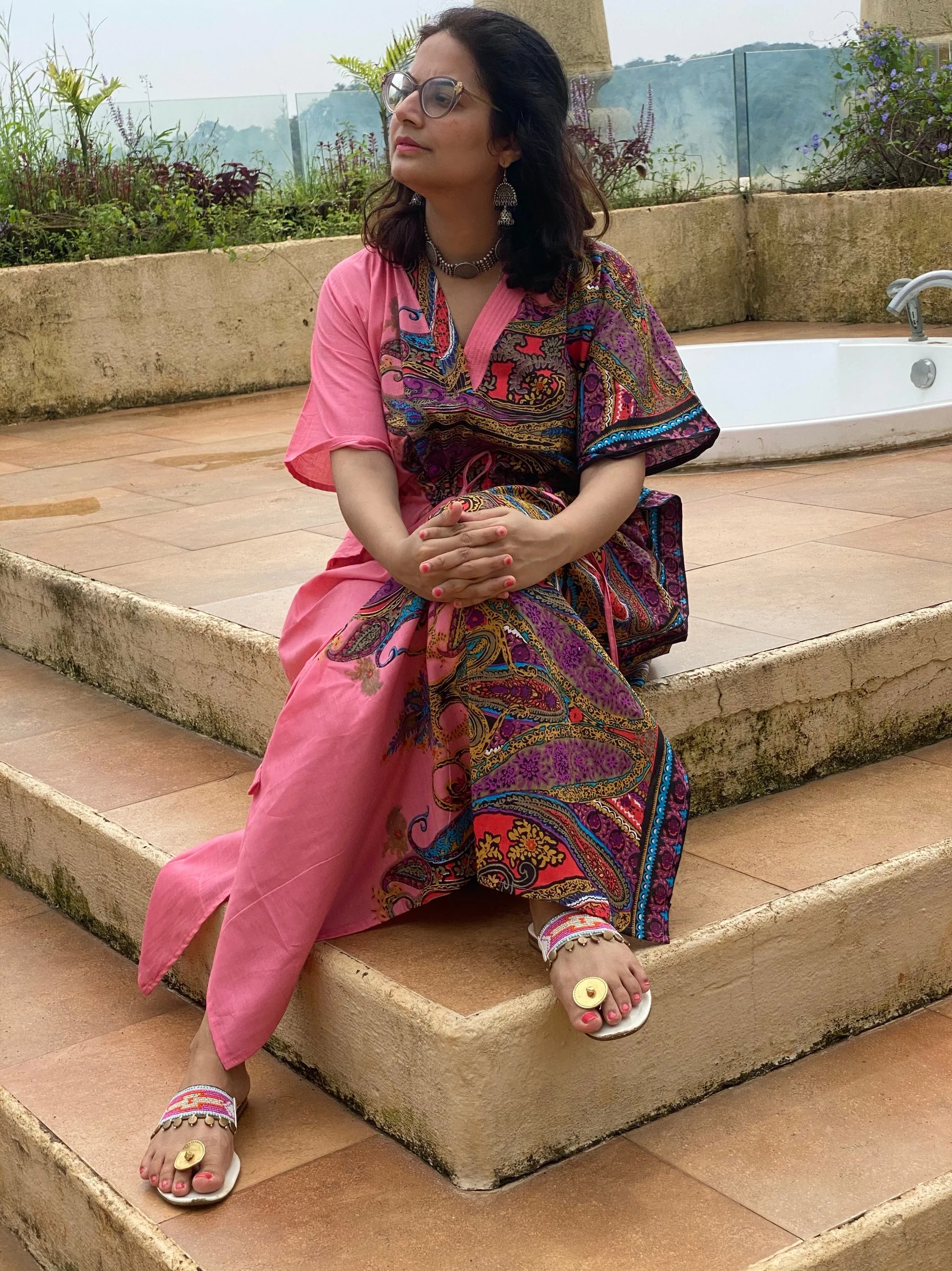 Cheerful Paisleys V-Neck, Cinched Waist Ankle Length Caftan