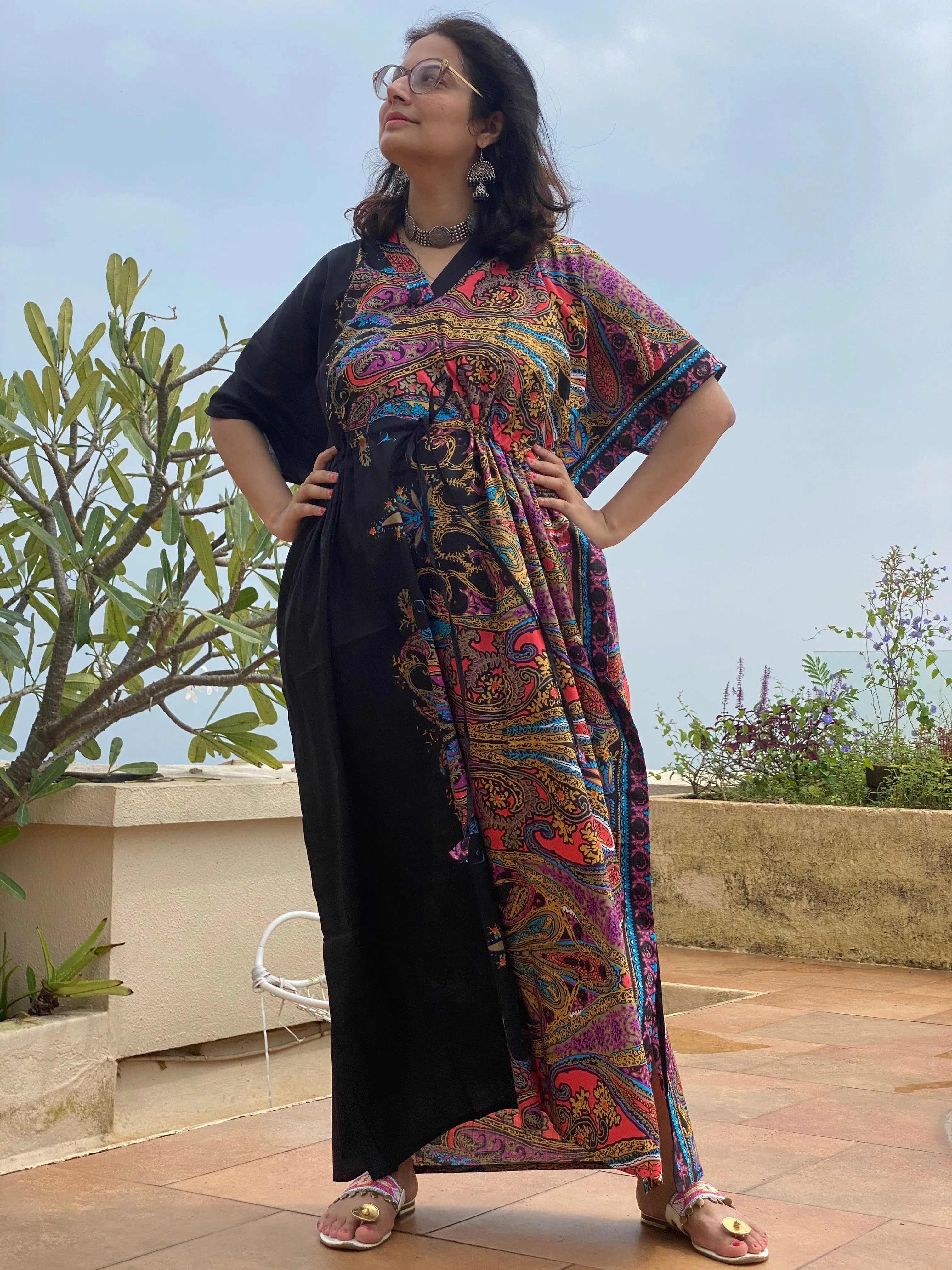 Cheerful Paisleys V-Neck, Cinched Waist Ankle Length Caftan