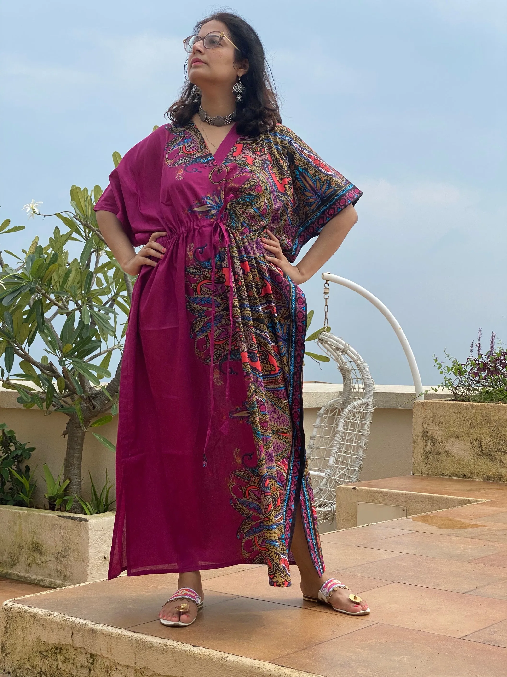 Cheerful Paisleys V-Neck, Cinched Waist Ankle Length Caftan