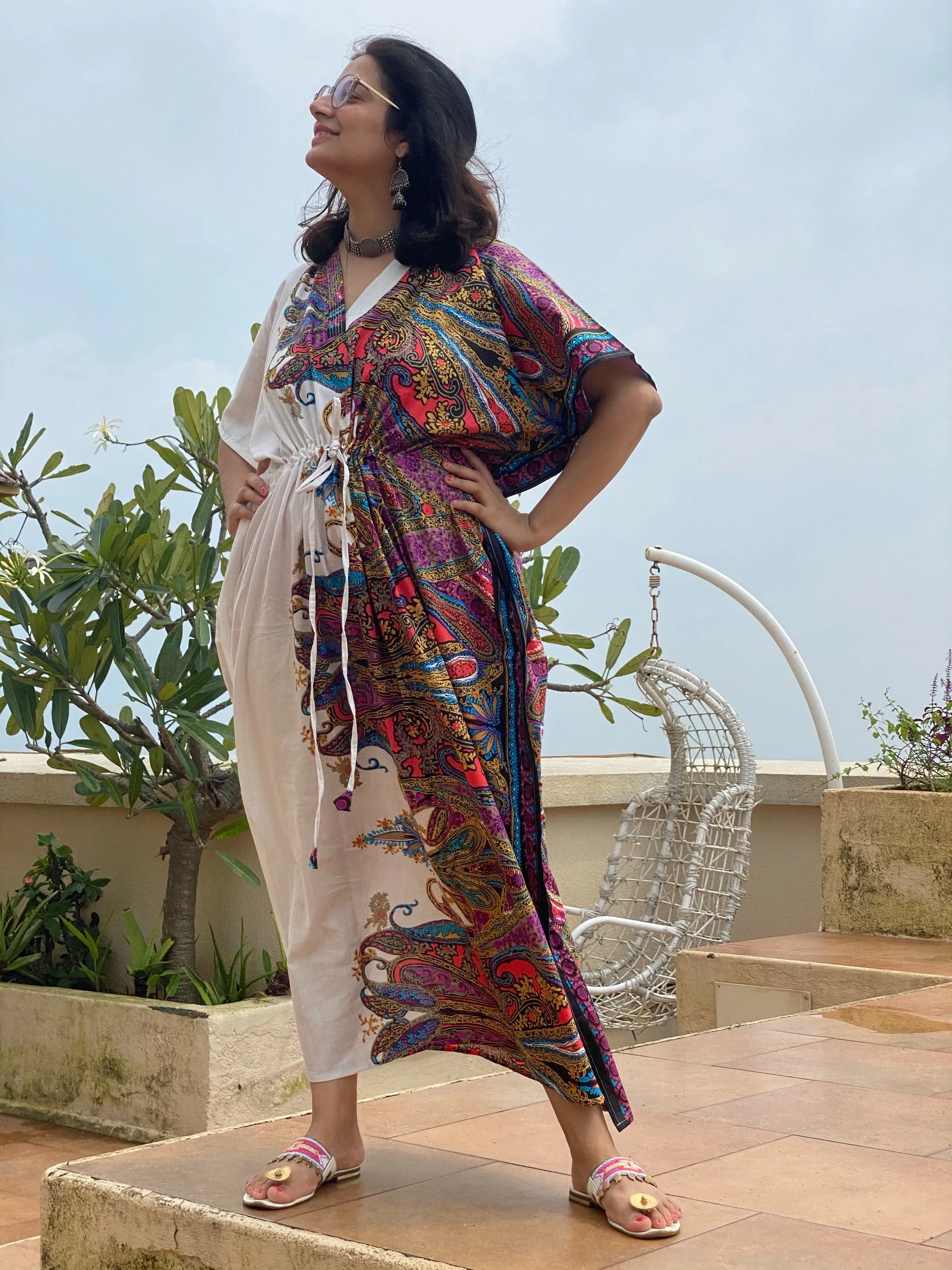 Cheerful Paisleys V-Neck, Cinched Waist Ankle Length Caftan