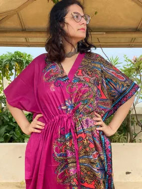 Cheerful Paisleys V-Neck, Cinched Waist Ankle Length Caftan