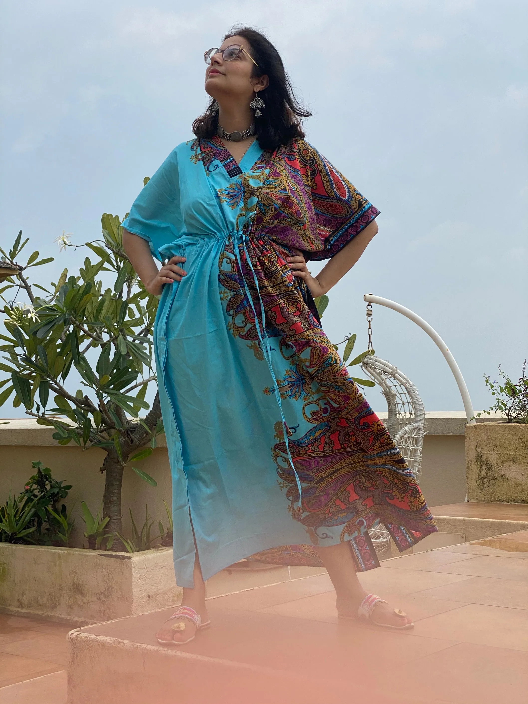 Cheerful Paisleys V-Neck, Cinched Waist Ankle Length Caftan