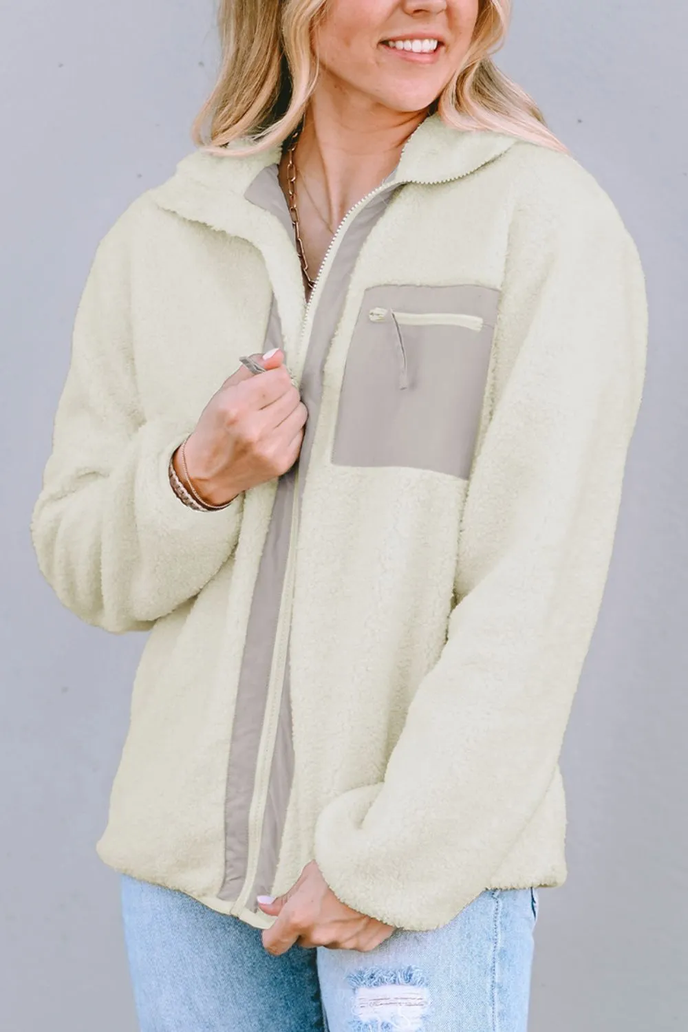 Chest Pocket Zip Up Fleece Jacket