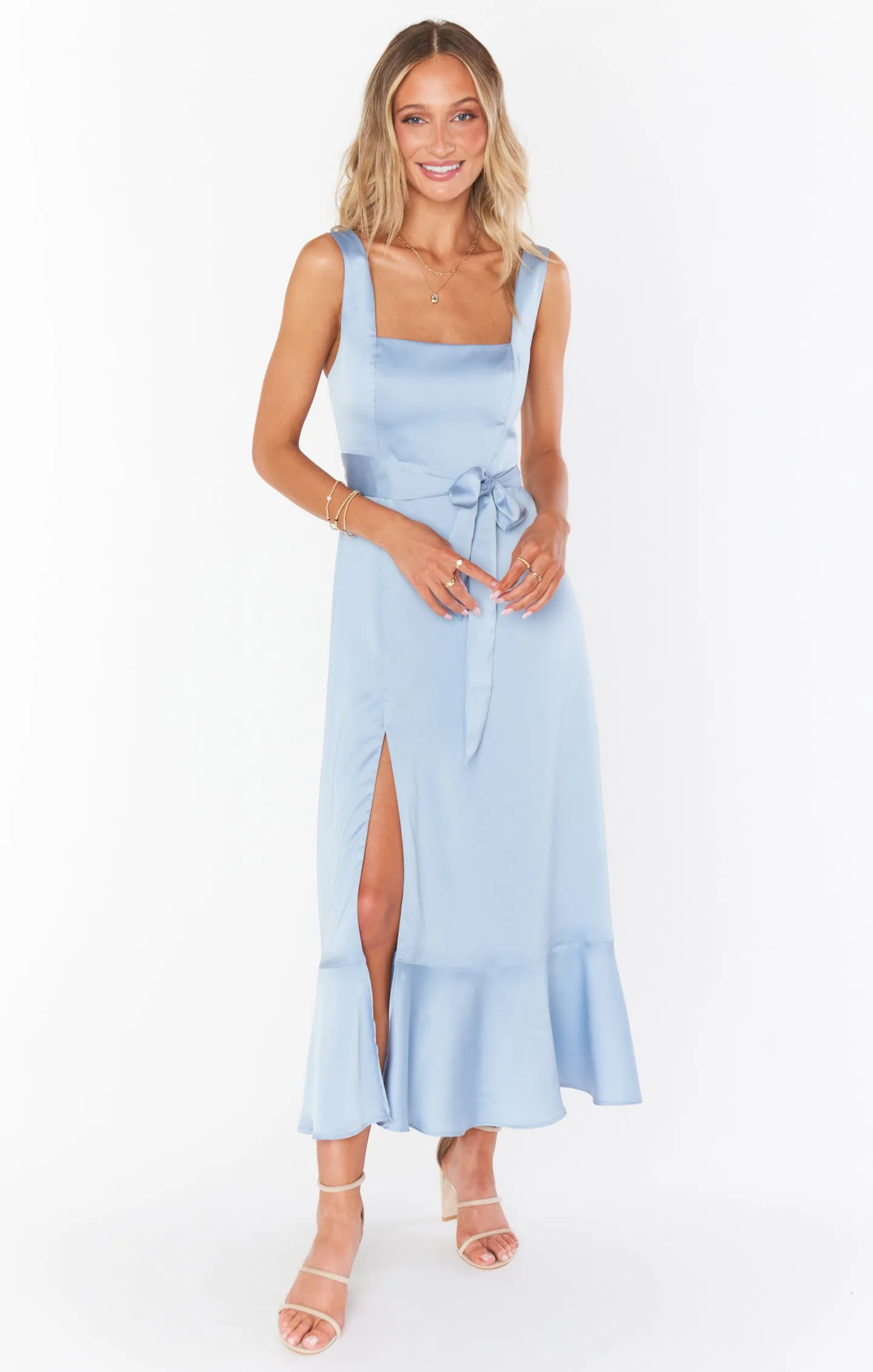 Claire Midi Dress ~ Steel Blue Luxe Satin