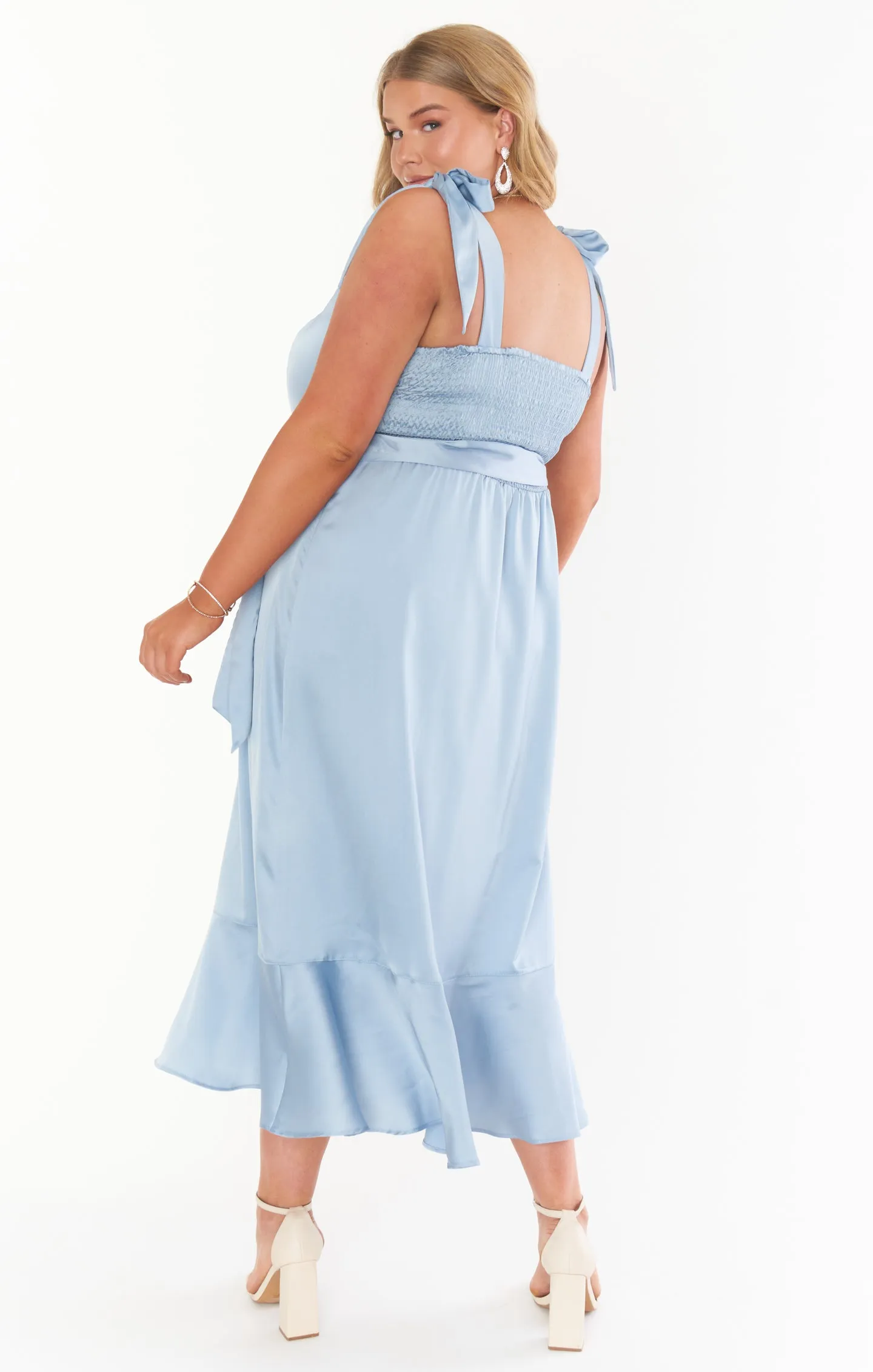 Claire Midi Dress ~ Steel Blue Luxe Satin