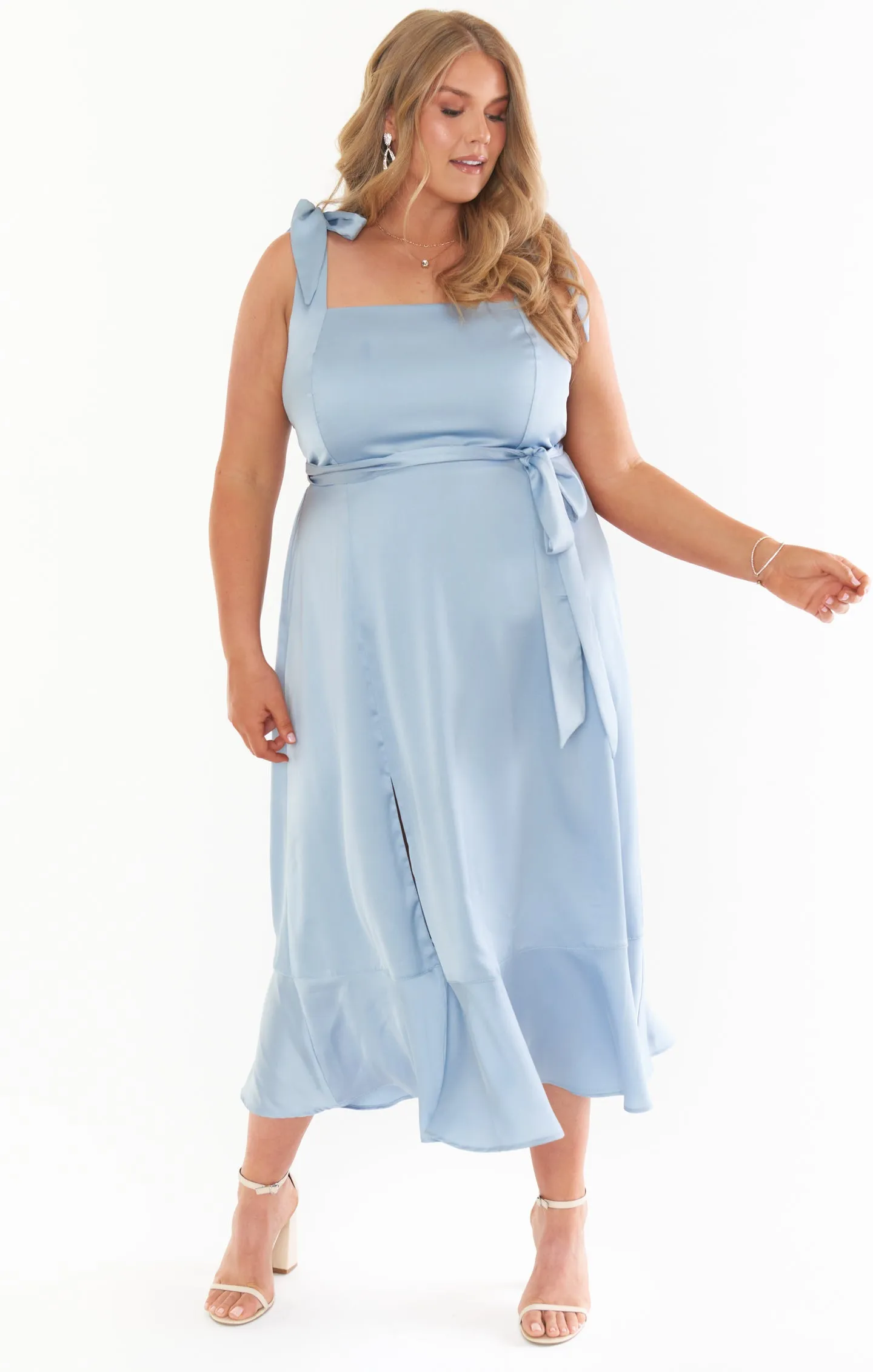 Claire Midi Dress ~ Steel Blue Luxe Satin