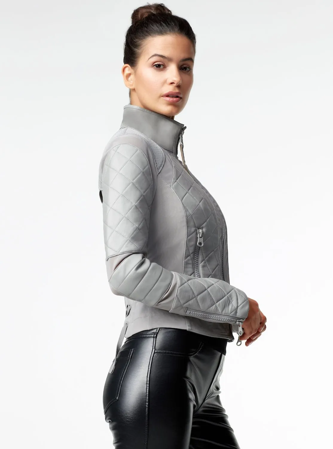 Classic Leather Mesh Moto Jacket - Sharkskin