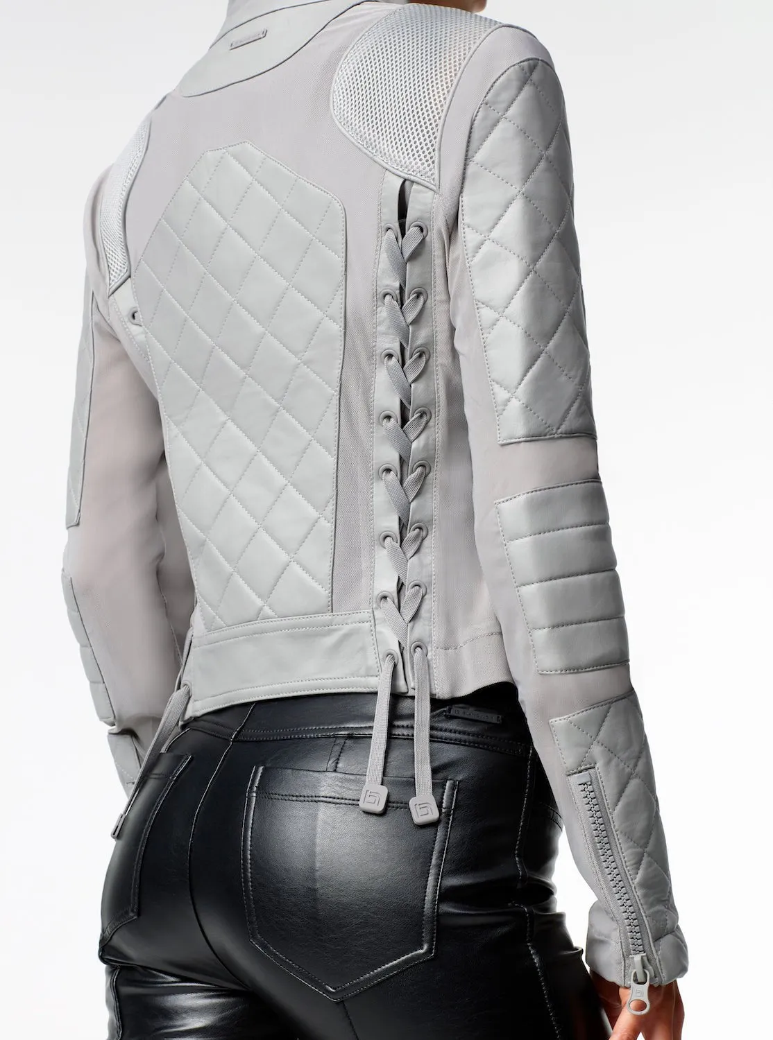 Classic Leather Mesh Moto Jacket - Sharkskin