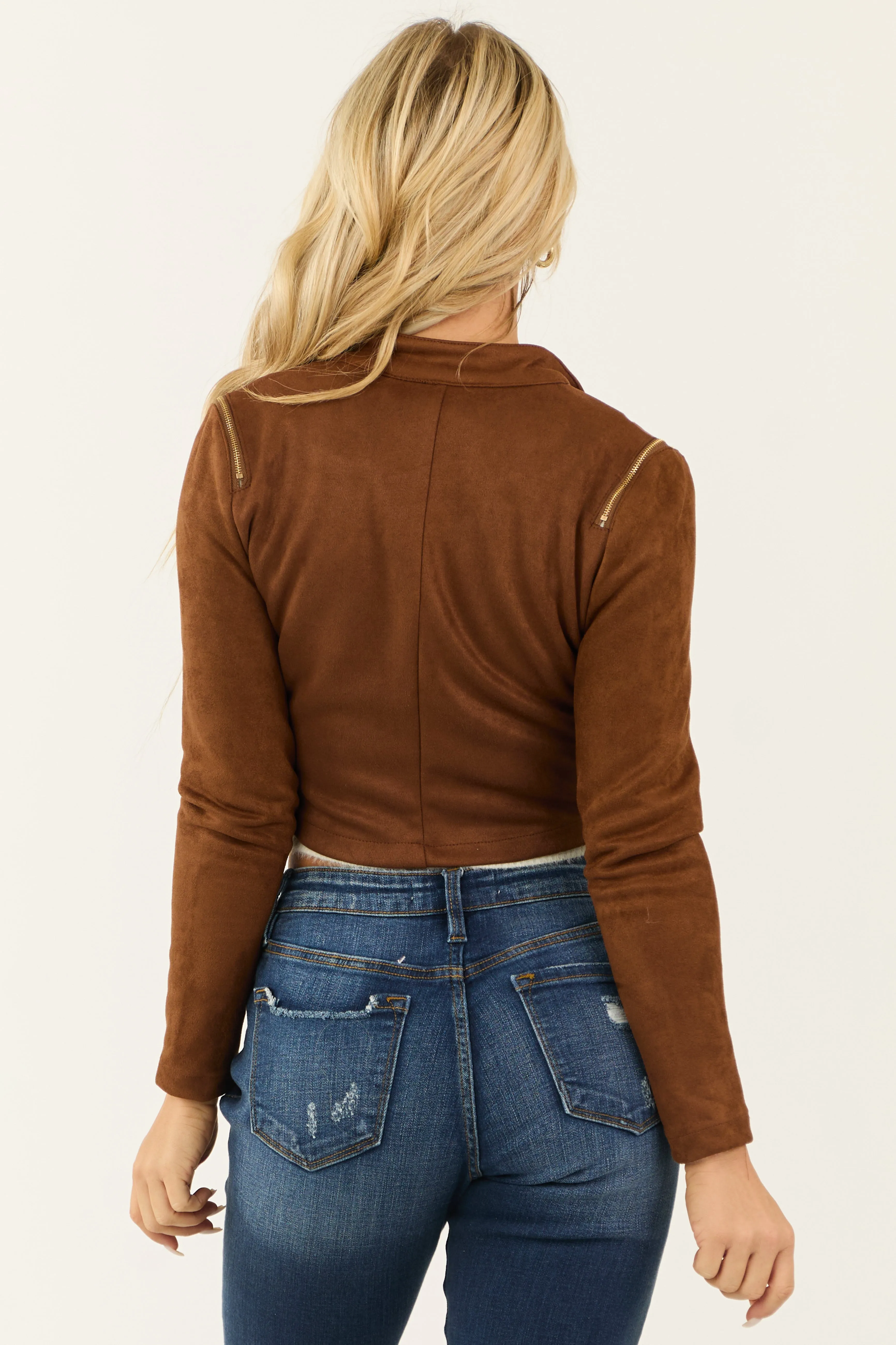 Coffee Faux Suede Zipper Detail Biker Jacket