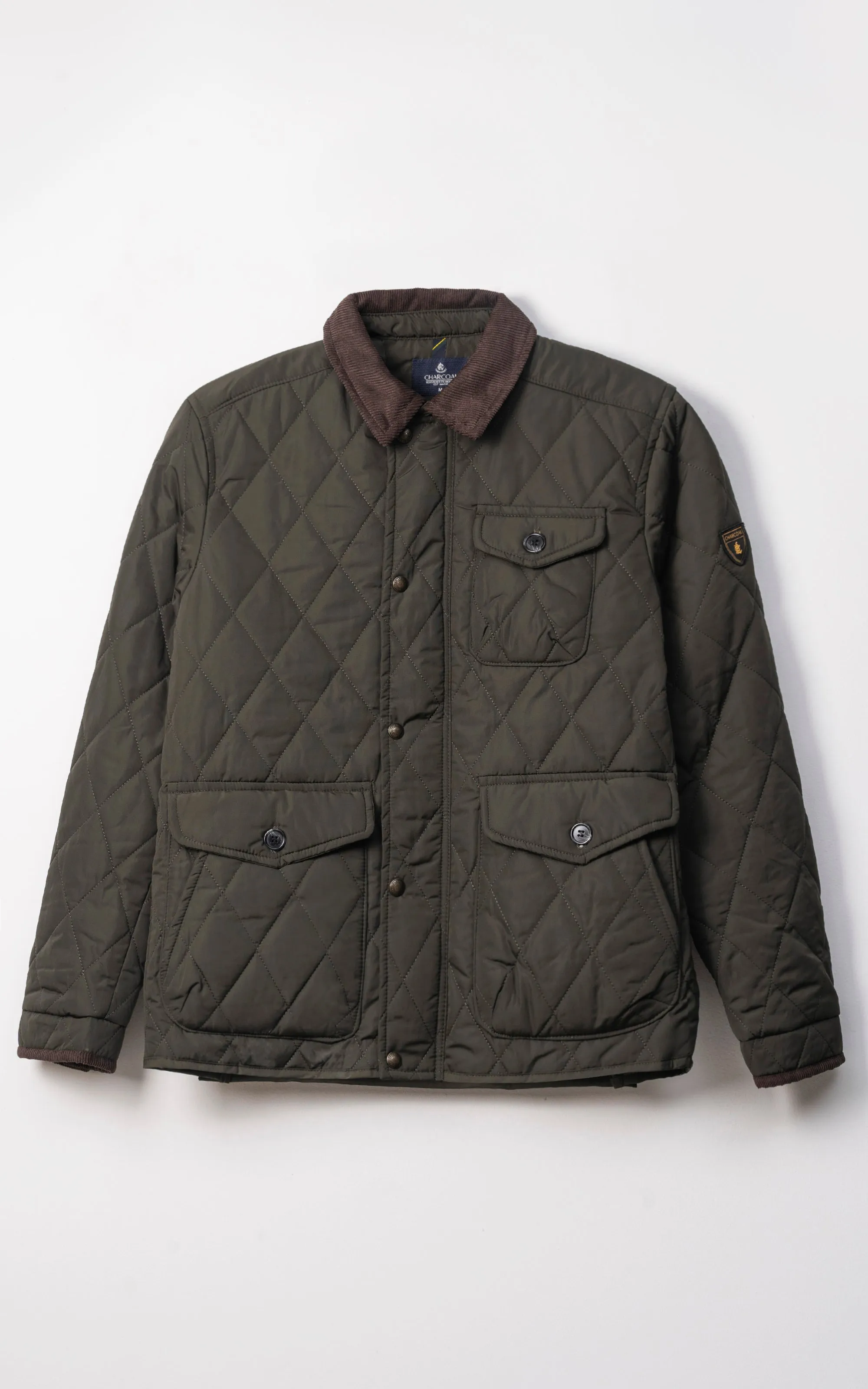 CORDUROY COLLAR QUILTED JACKET FULL SLEEVE OLIVE