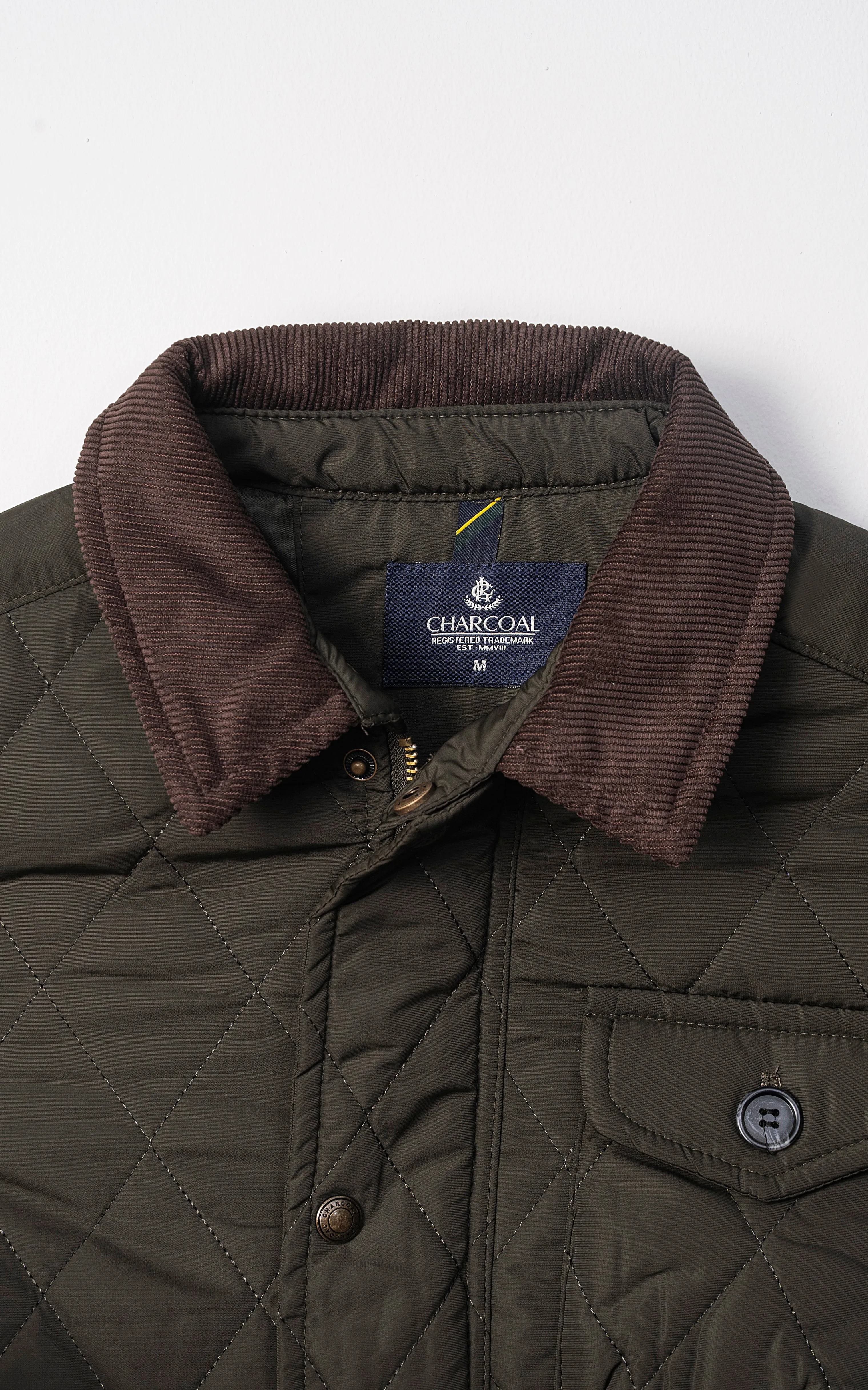 CORDUROY COLLAR QUILTED JACKET FULL SLEEVE OLIVE