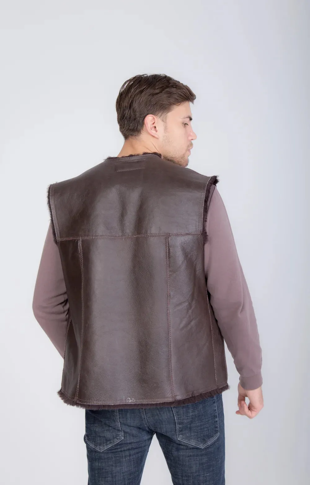 Cowboy Men's Brown Thin Sheepskin Vest with Fur Lining and Front Button Closure