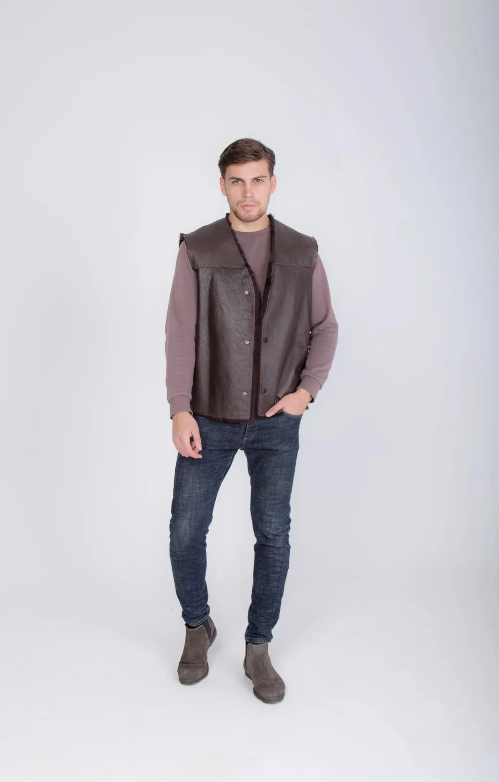 Cowboy Men's Brown Thin Sheepskin Vest with Fur Lining and Front Button Closure