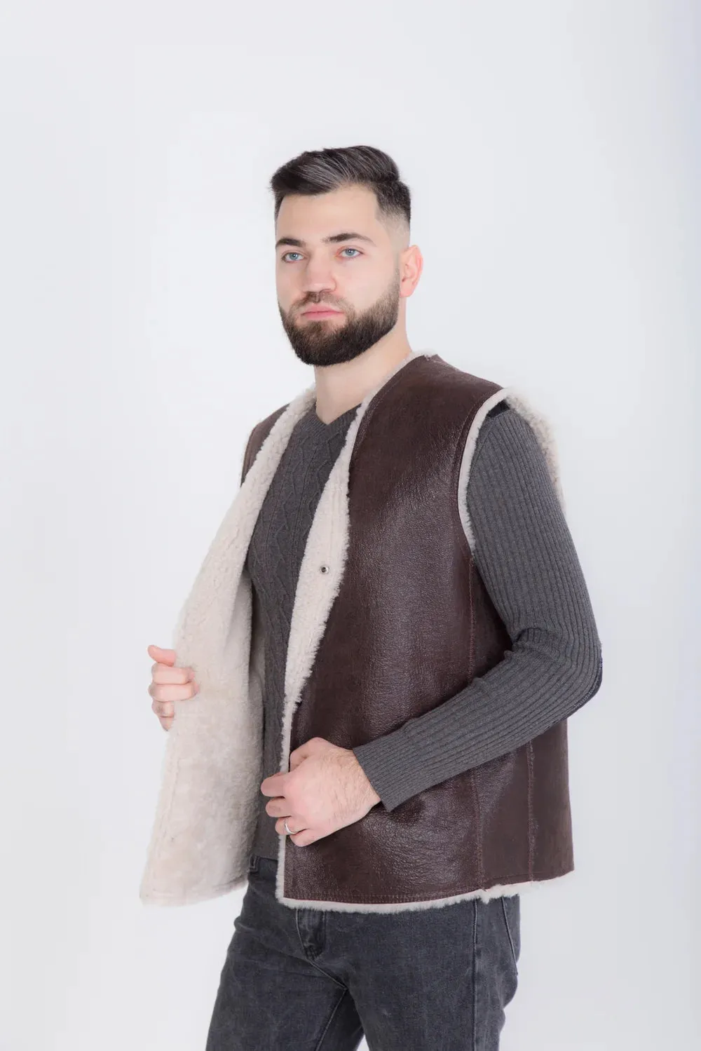 Cowboy Men's Thin Sheepskin Vest with Contrasting Light Fur Lining Front Button Closure