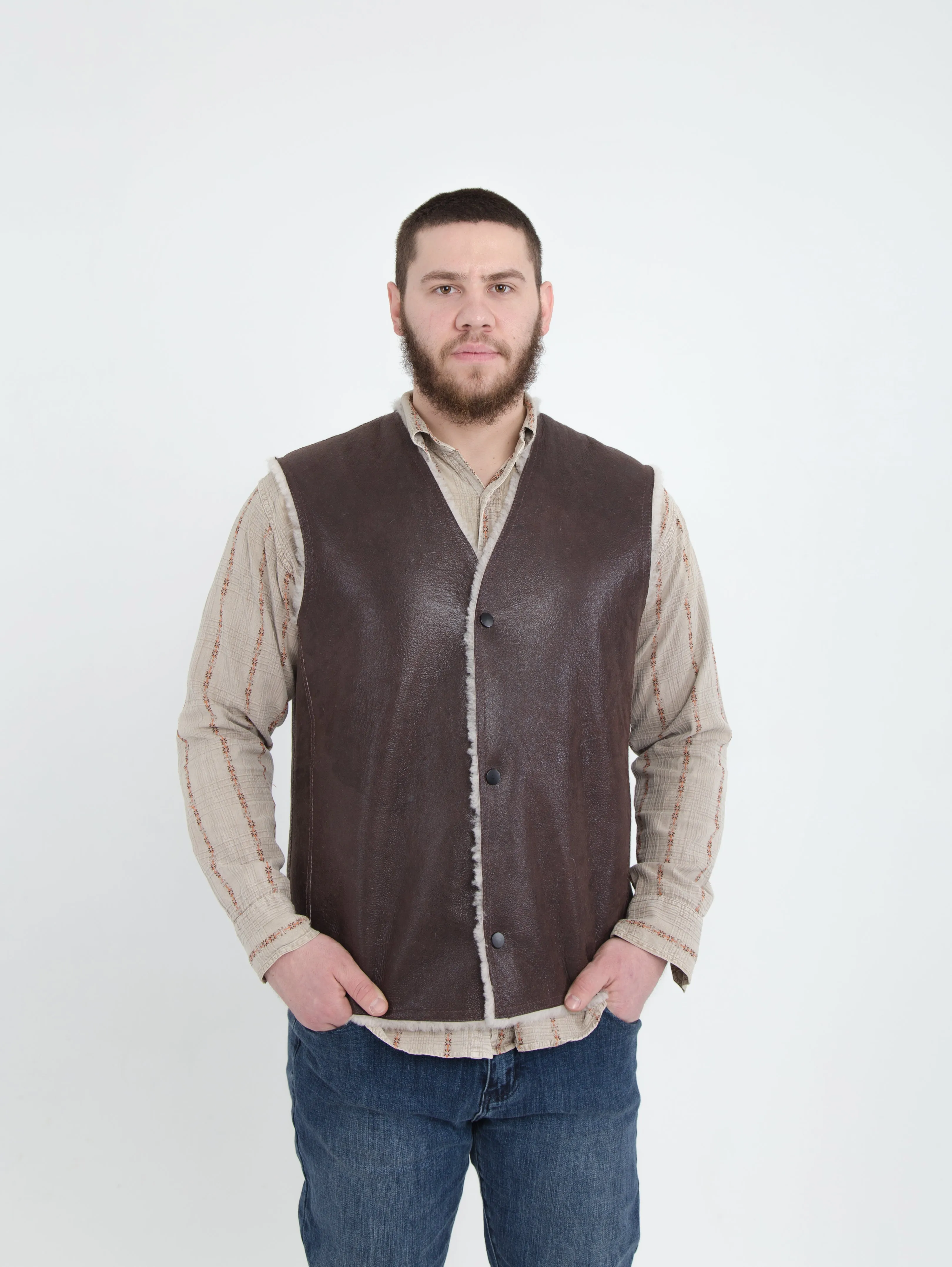 Cowboy Men's Thin Sheepskin Vest with Contrasting Light Fur Lining Front Button Closure