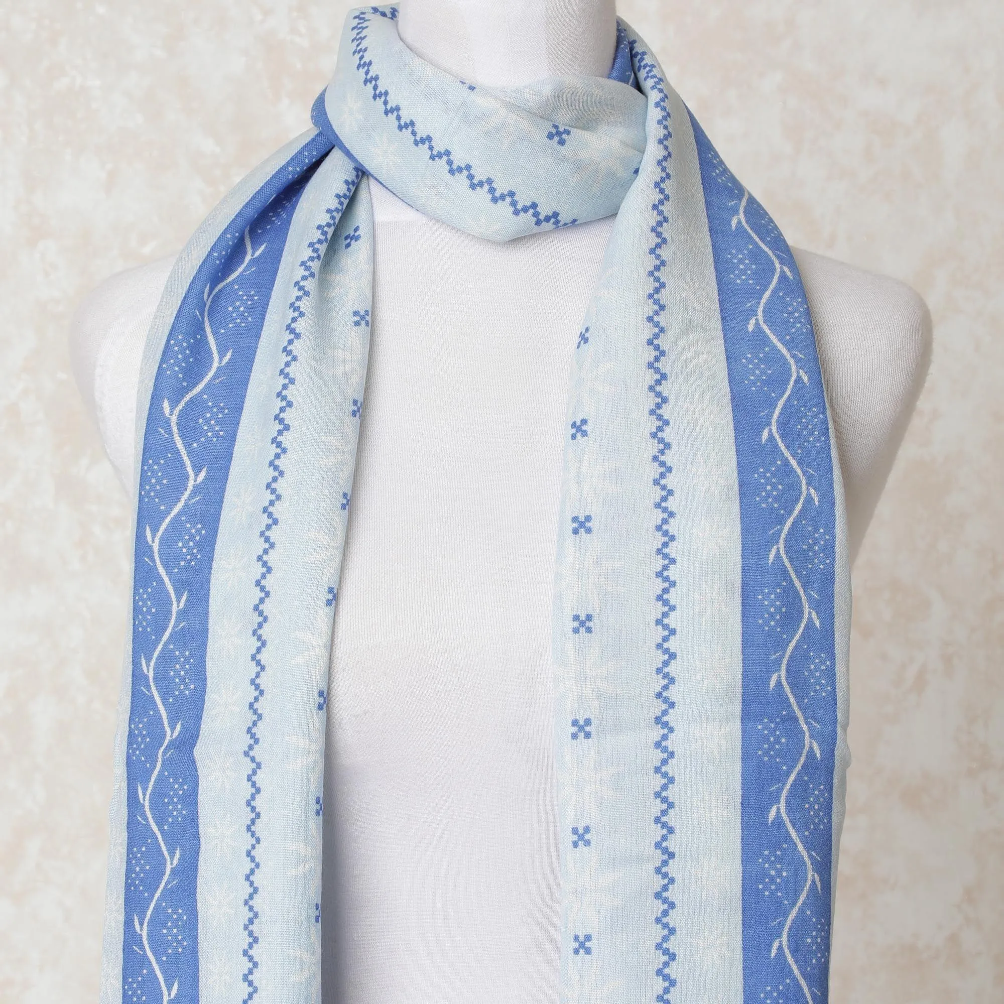 Cream poly cotton scarf with blue, pastel green, powder blue and off white print in stripe design-D10689