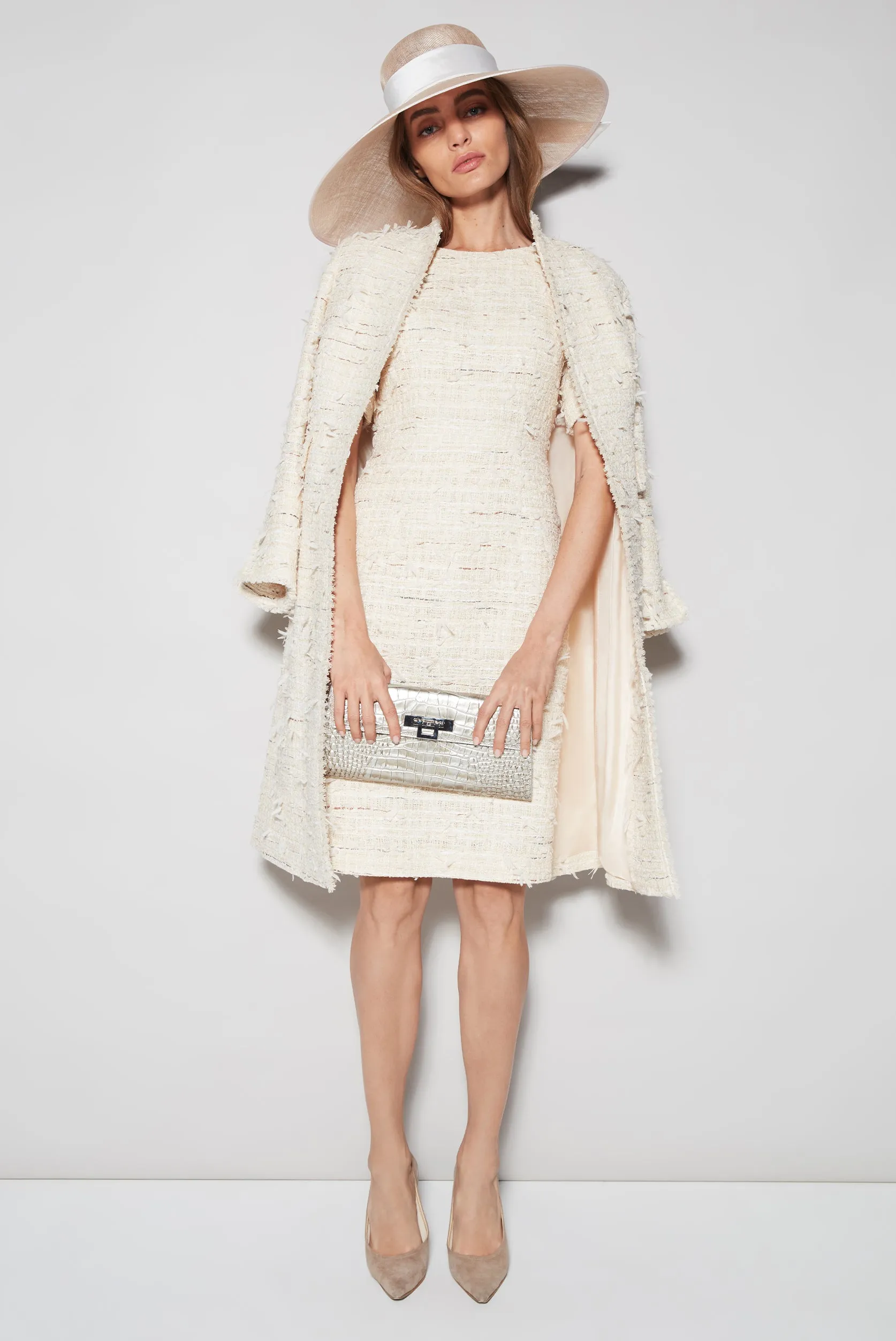 Cream Textured Tweed Dress Coat - Claire