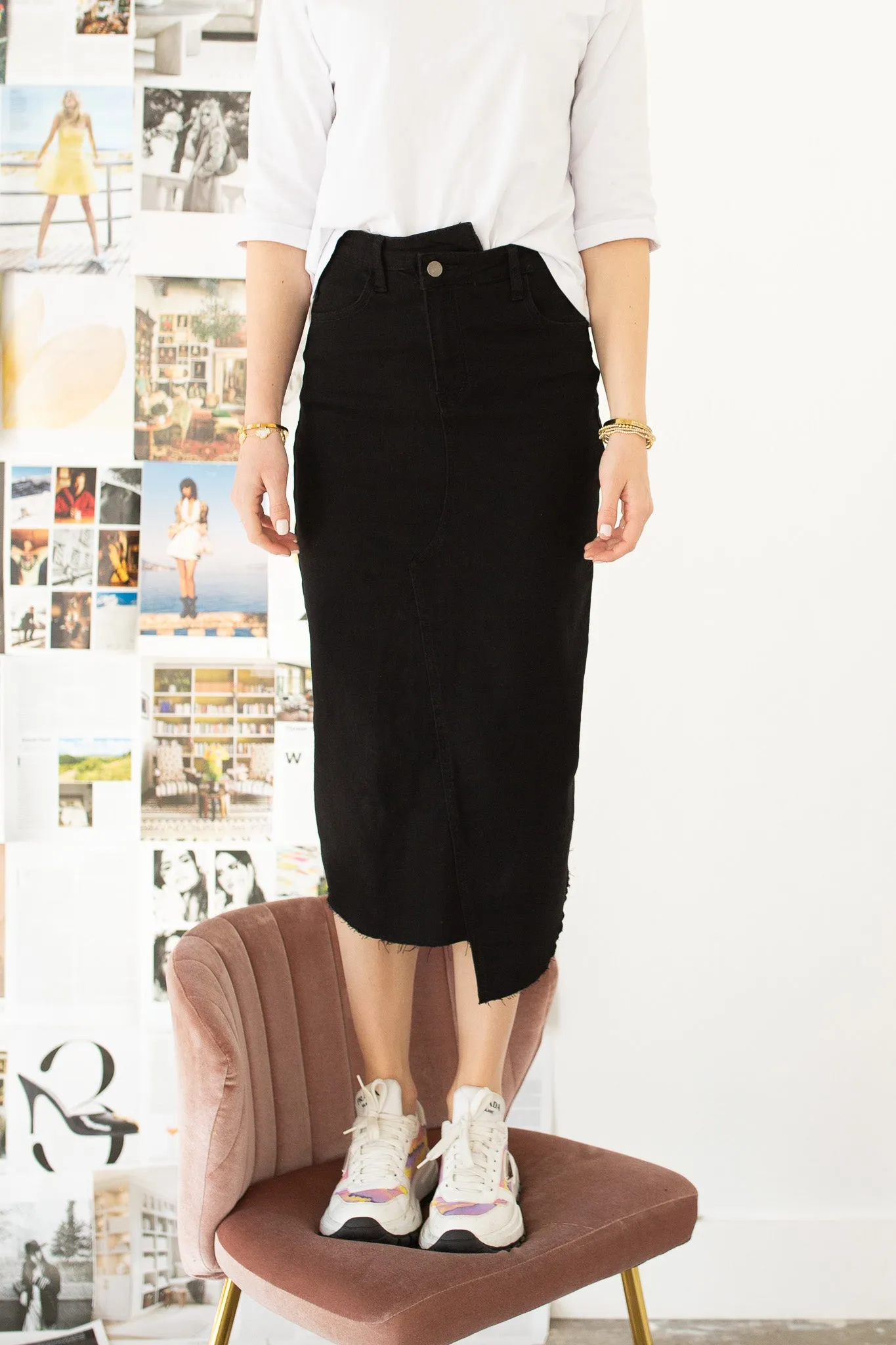 Crossover Denim Midi Skirt I ALV x Barianna- Black