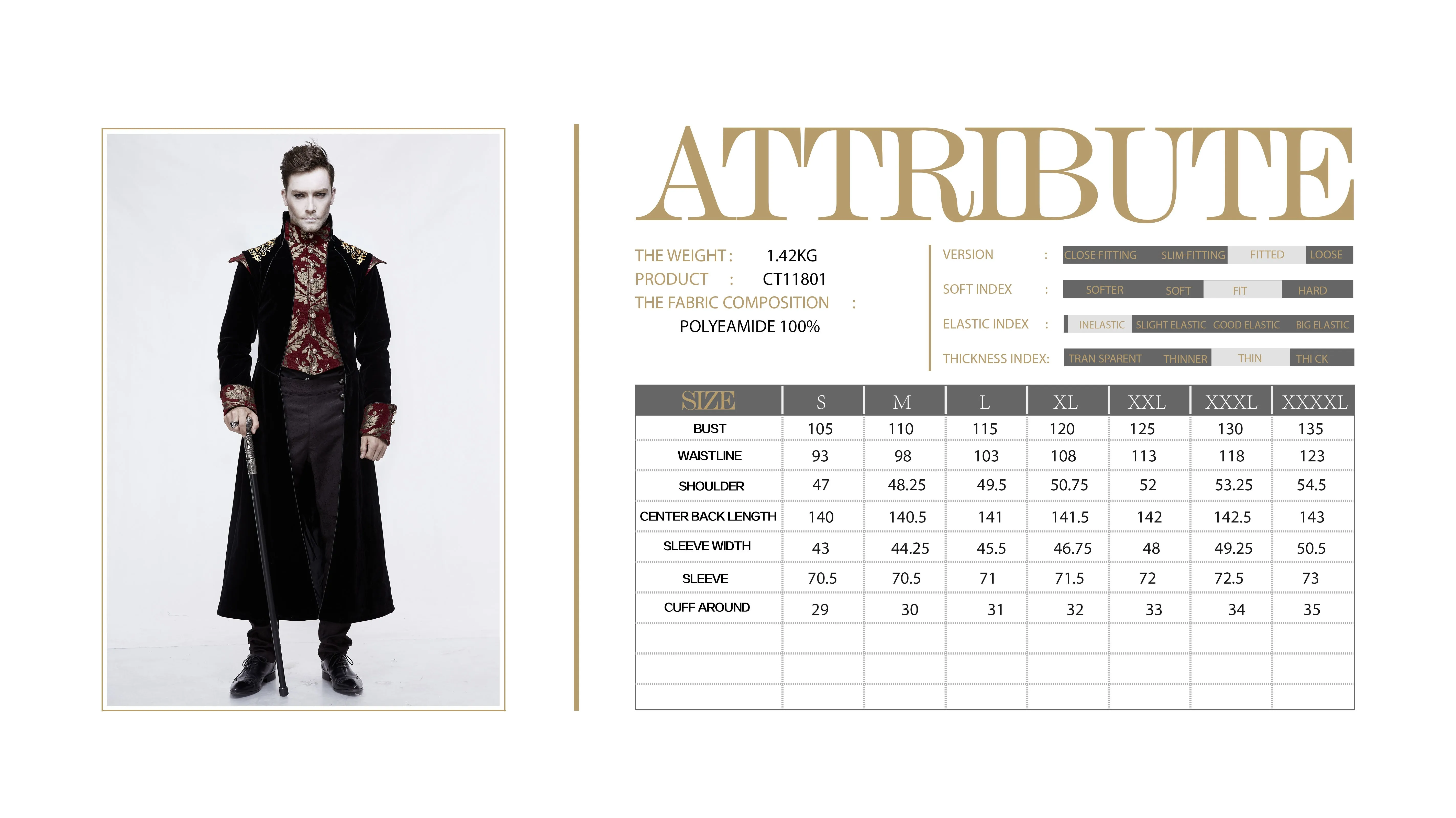 CT11801 Gothic jacquard black stand collar embroidery men long coat