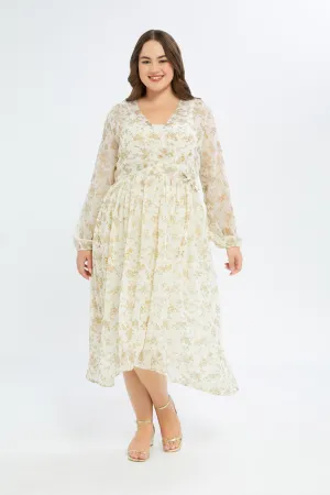 Curvy Ivory With Gold Foil Printed Dress