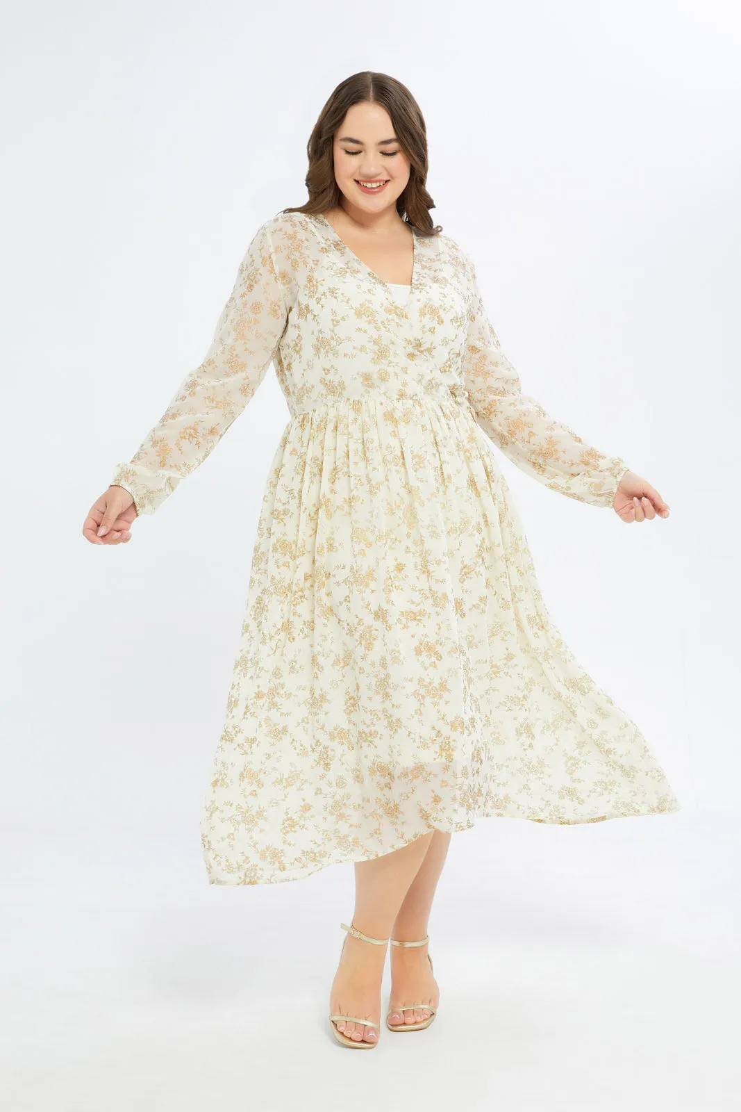 Curvy Ivory With Gold Foil Printed Dress