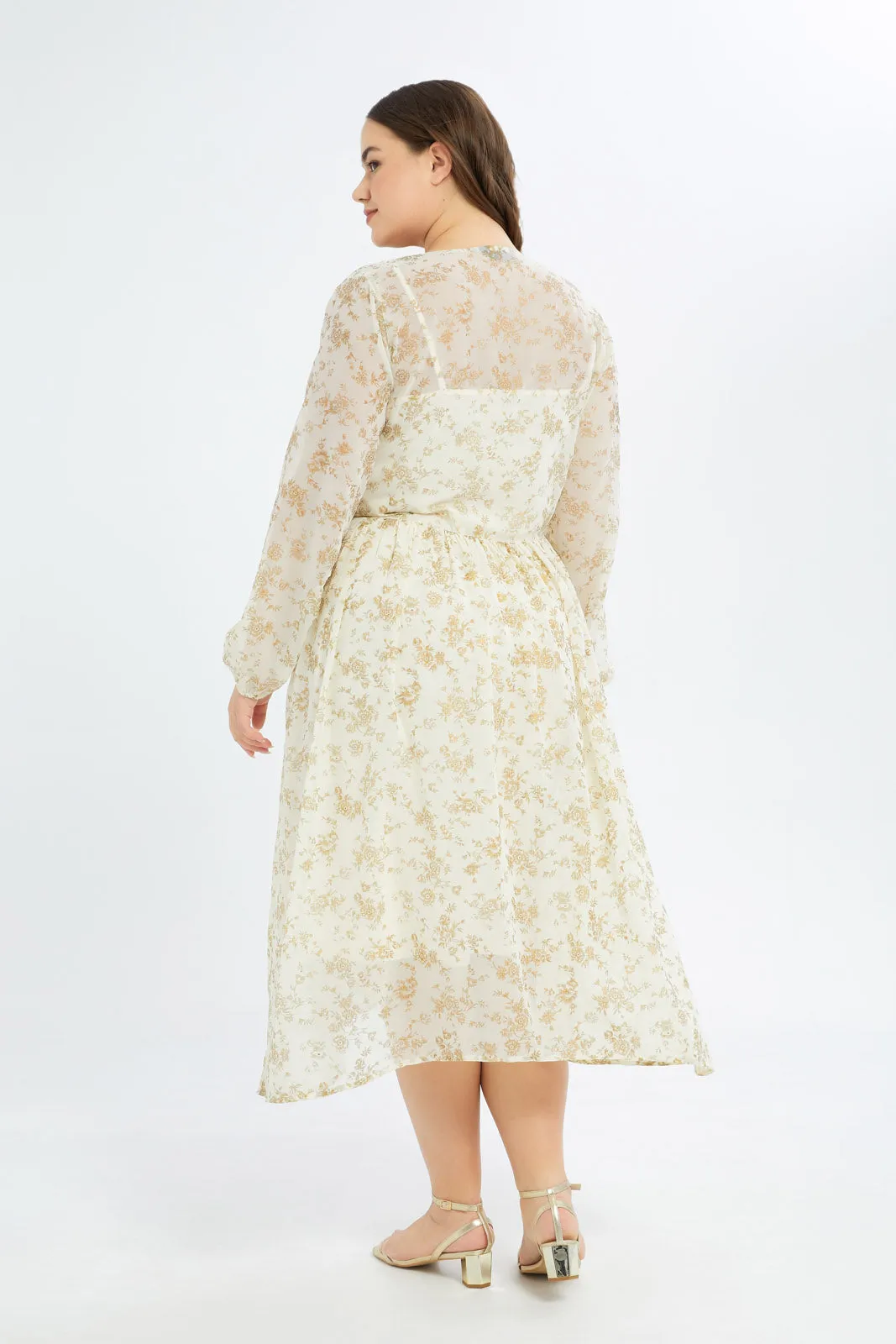 Curvy Ivory With Gold Foil Printed Dress