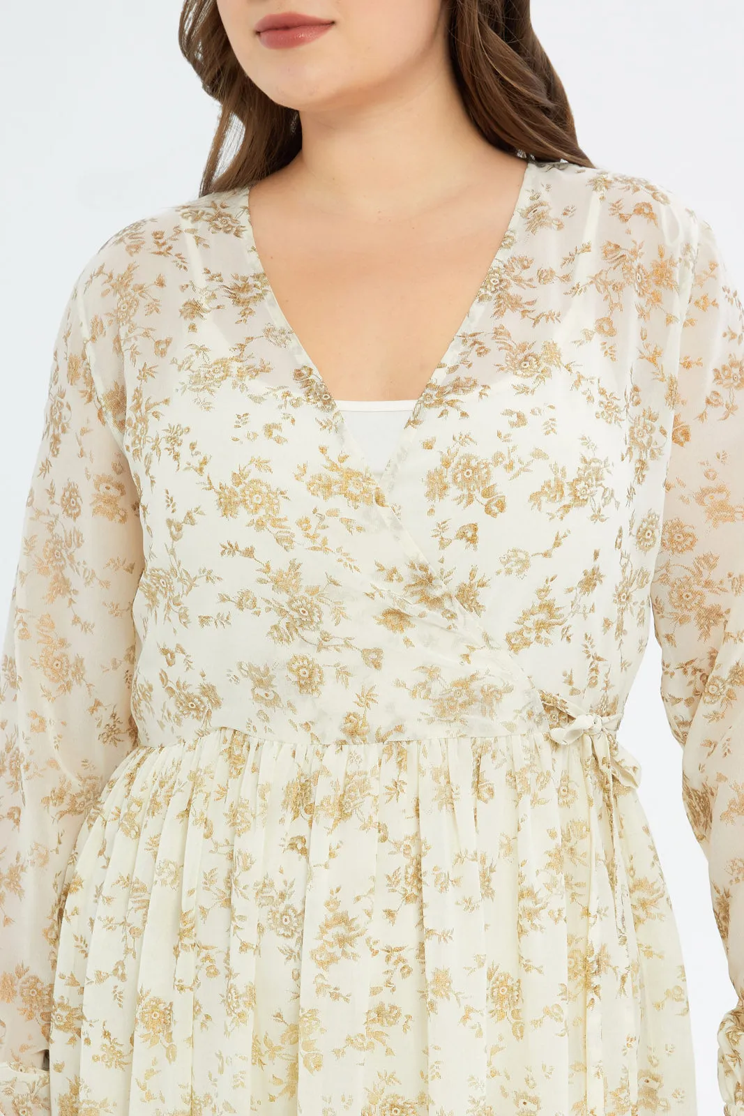 Curvy Ivory With Gold Foil Printed Dress