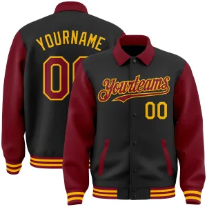 Custom Black Crimson-Gold Bomber Full-Snap Varsity Letterman Two Tone Lapel Collar Byron Jacket