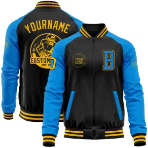 Custom Black Gold-Powder Blue Bomber Varsity Letterman Two Tone Zipper Jacket