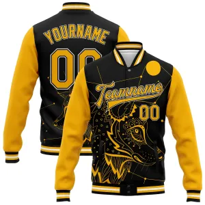 Custom Black Gold-White Wolf 3D Pattern Design Bomber Full-Snap Varsity Letterman Jacket