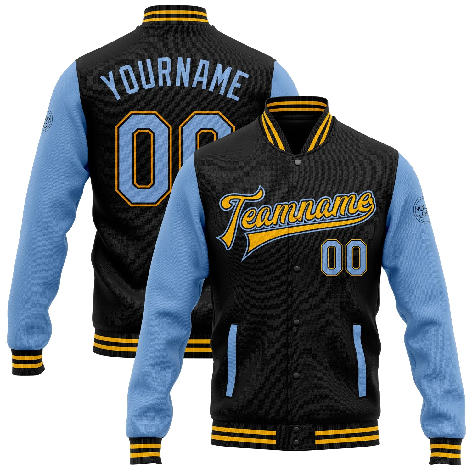 Custom Black Light Blue-Gold Bomber Full-Snap Varsity Letterman Two Tone Jacket