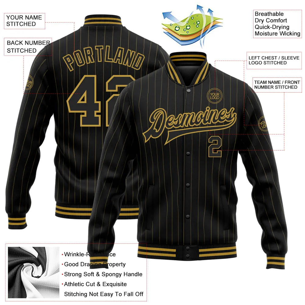 Custom Black Old Gold Pinstripe Old Gold Bomber Full-Snap Varsity Letterman Jacket