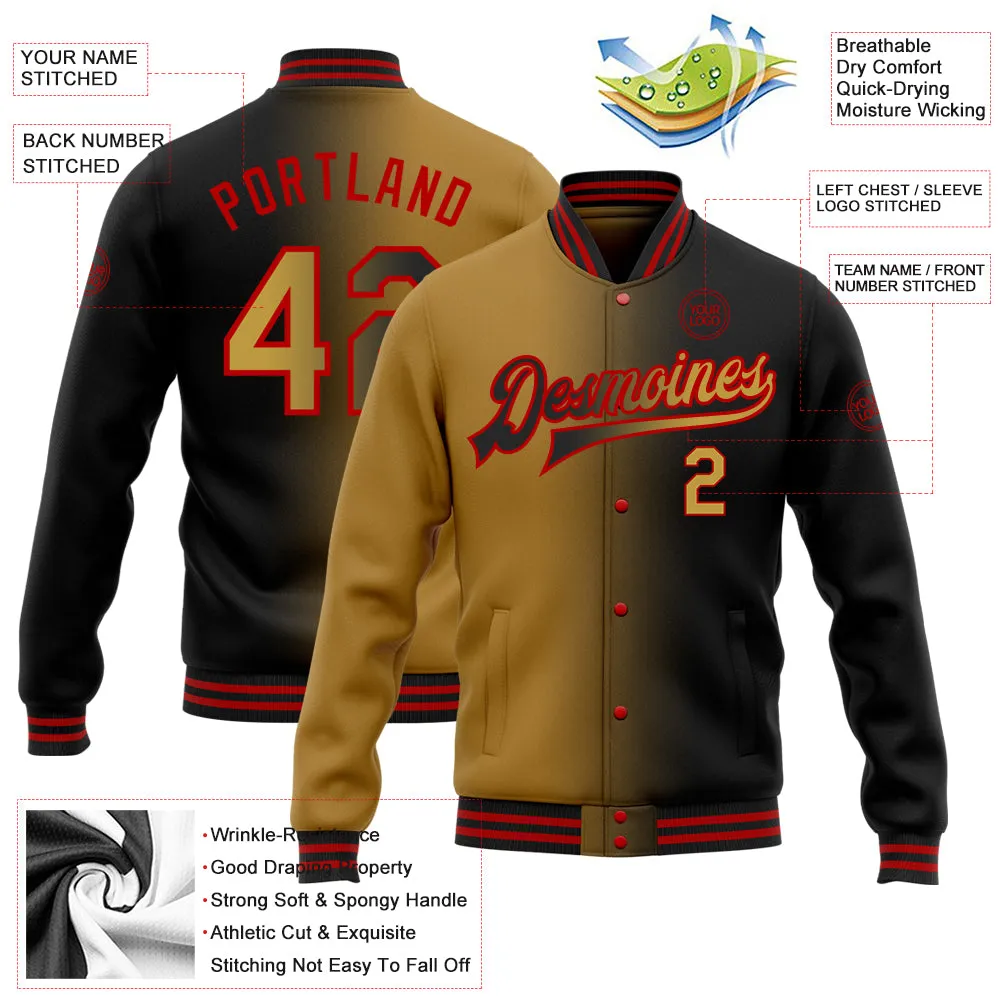 Custom Black Old Gold-Red Bomber Full-Snap Varsity Letterman Gradient Fashion Jacket