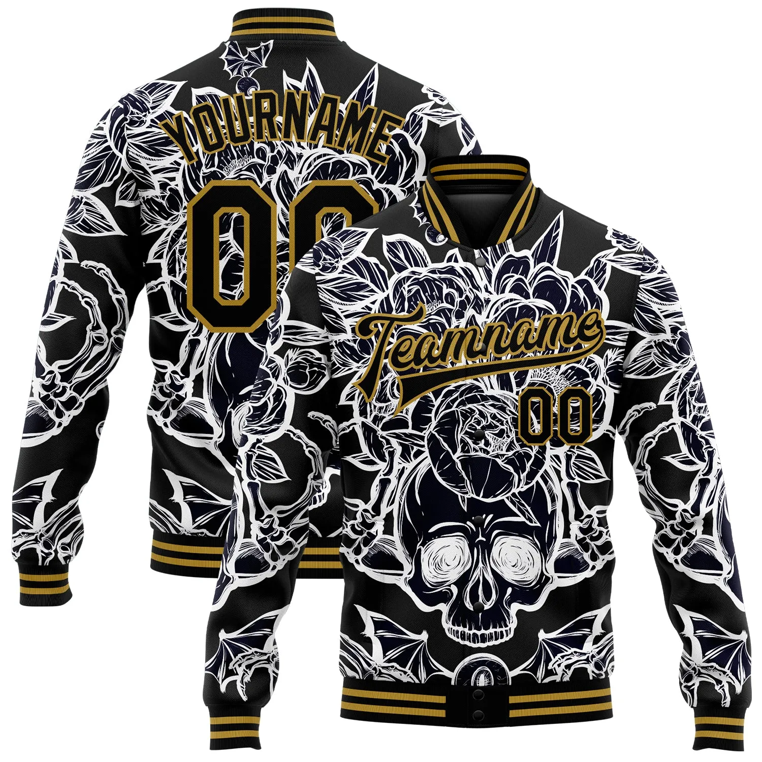 Custom Black Old Gold Skull With Peonies 3D Bomber Full-Snap Varsity Letterman Jacket