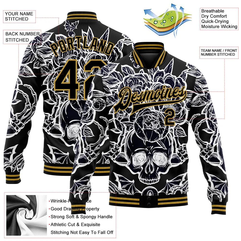 Custom Black Old Gold Skull With Peonies 3D Bomber Full-Snap Varsity Letterman Jacket