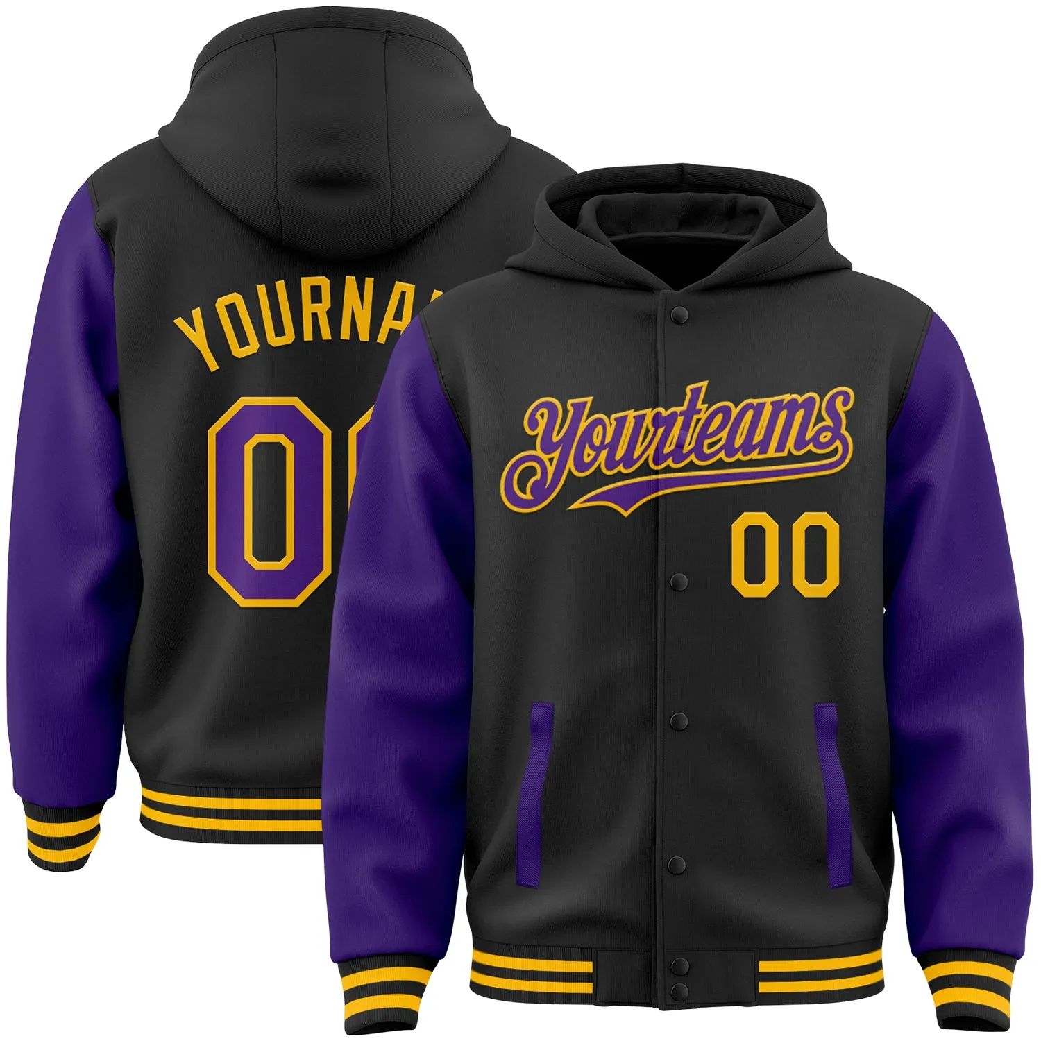 Custom Black Purple-Gold Bomber Full-Snap Varsity Letterman Two Tone Hoodie Jacket