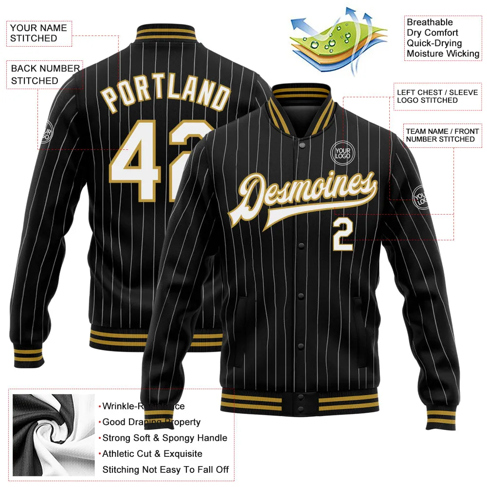 Custom Black White Pinstripe Old Gold Bomber Full-Snap Varsity Letterman Jacket