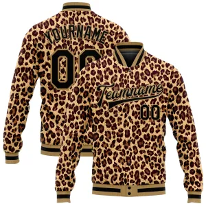 Custom Brown Black-Old Gold Leopard 3D Pattern Design Bomber Full-Snap Varsity Letterman Jacket