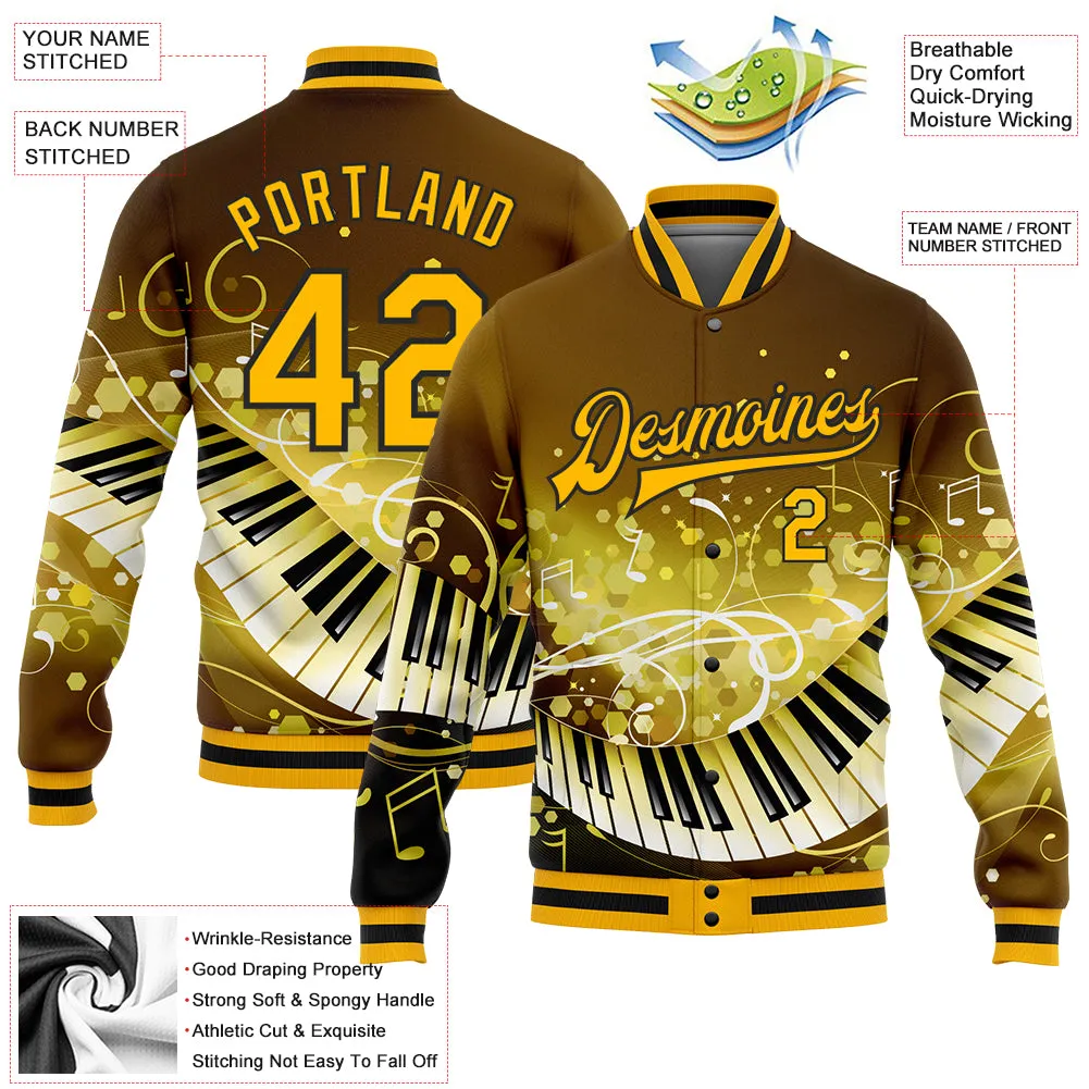 Custom Brown Gold-Black Piano Music Festival 3D Pattern Design Bomber Full-Snap Varsity Letterman Jacket